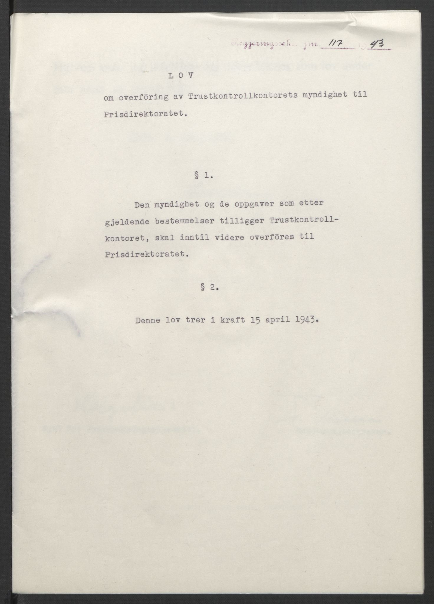 NS-administrasjonen 1940-1945 (Statsrådsekretariatet, de kommisariske statsråder mm), RA/S-4279/D/Db/L0099: Lover, 1943, p. 267