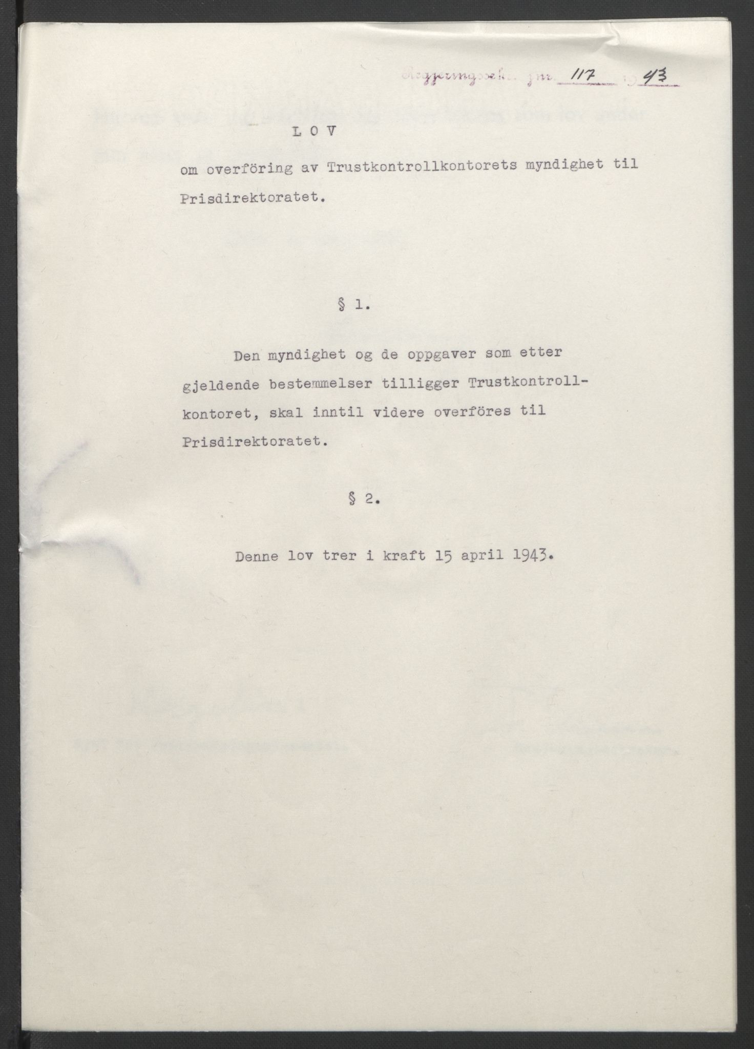 NS-administrasjonen 1940-1945 (Statsrådsekretariatet, de kommisariske statsråder mm), AV/RA-S-4279/D/Db/L0099: Lover, 1943, p. 267