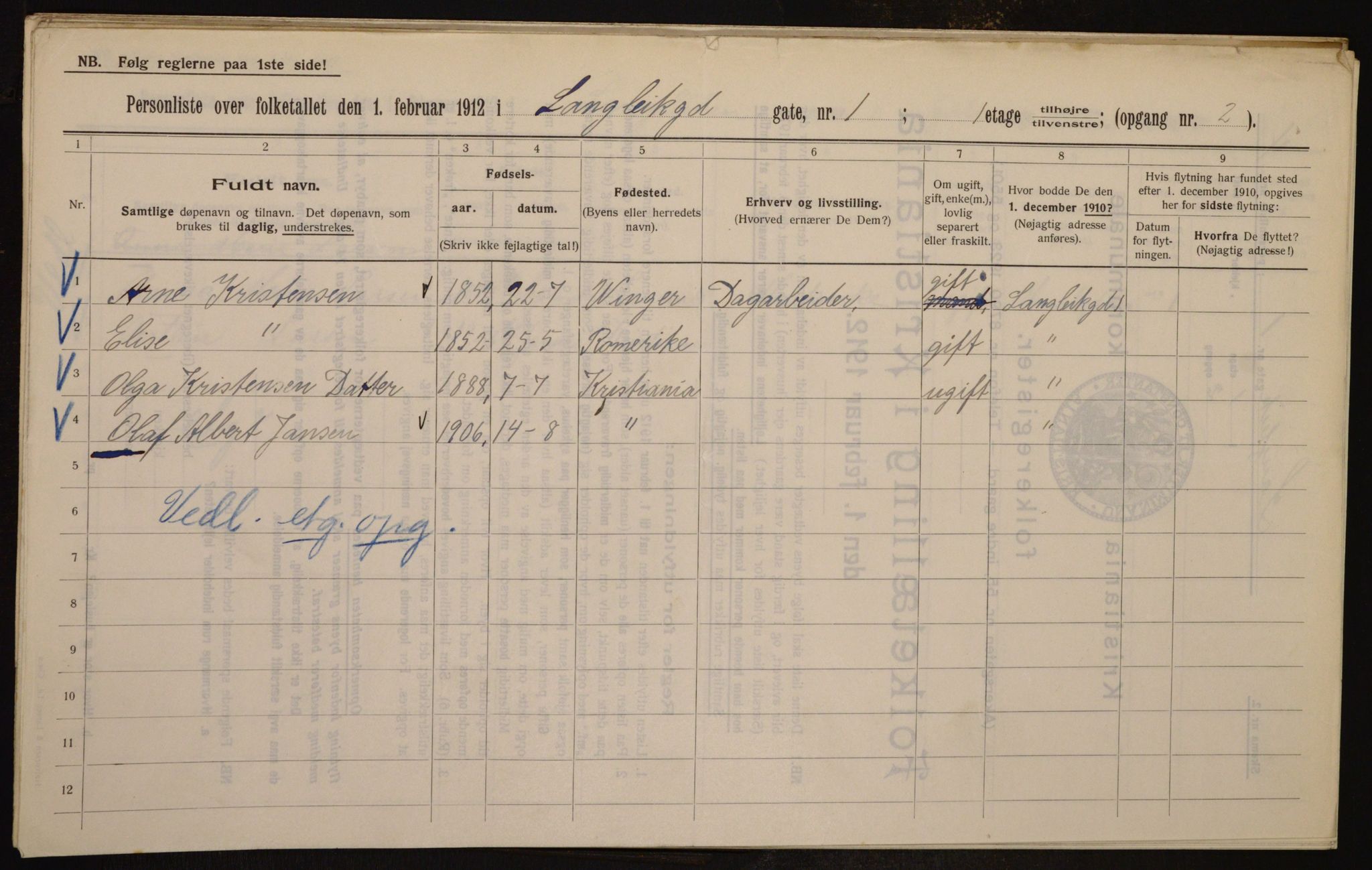 OBA, Municipal Census 1912 for Kristiania, 1912, p. 57258