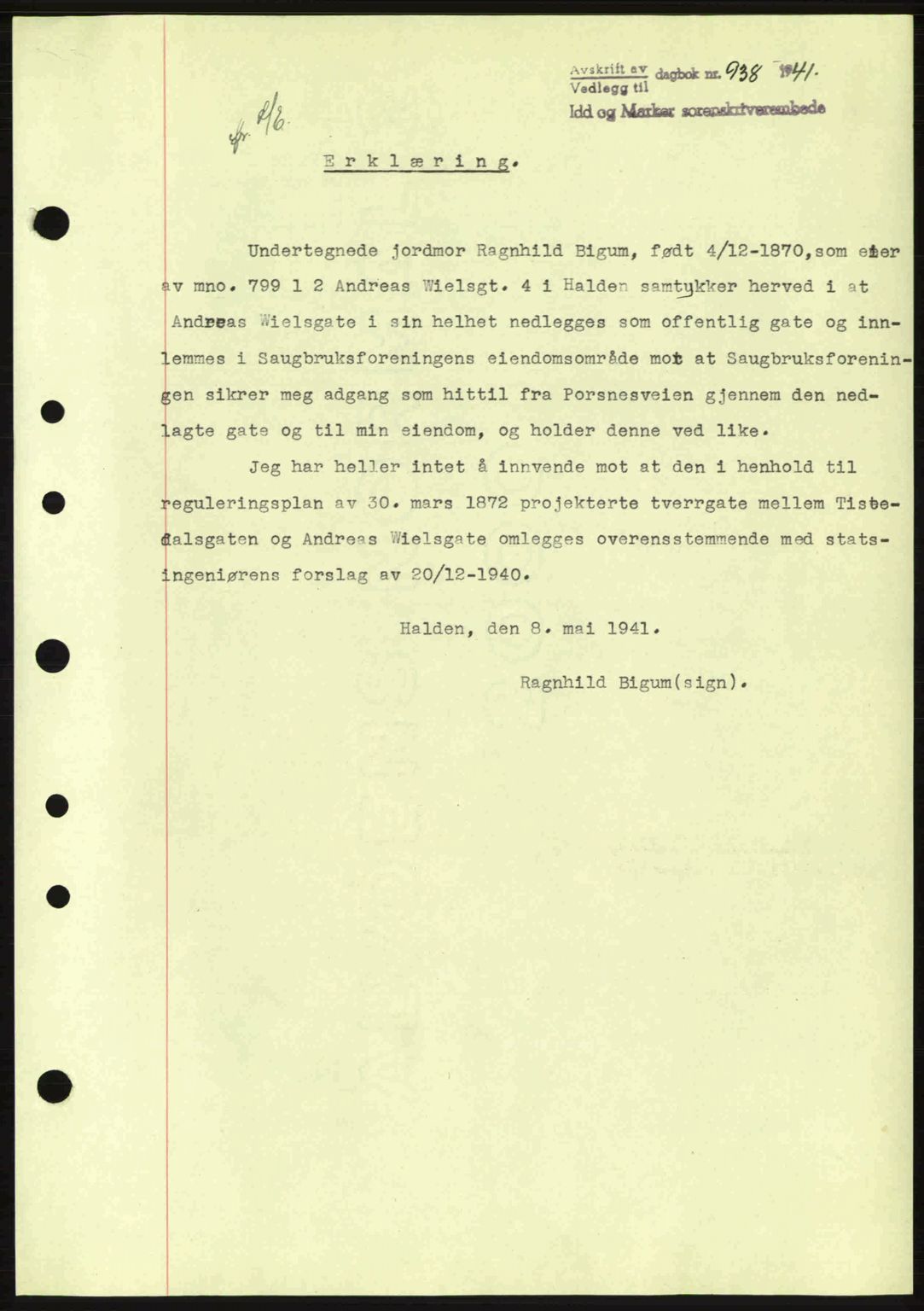 Idd og Marker sorenskriveri, AV/SAO-A-10283/G/Gb/Gbc/L0002: Mortgage book no. B4-9a, 1939-1945, Diary no: : 938/1941