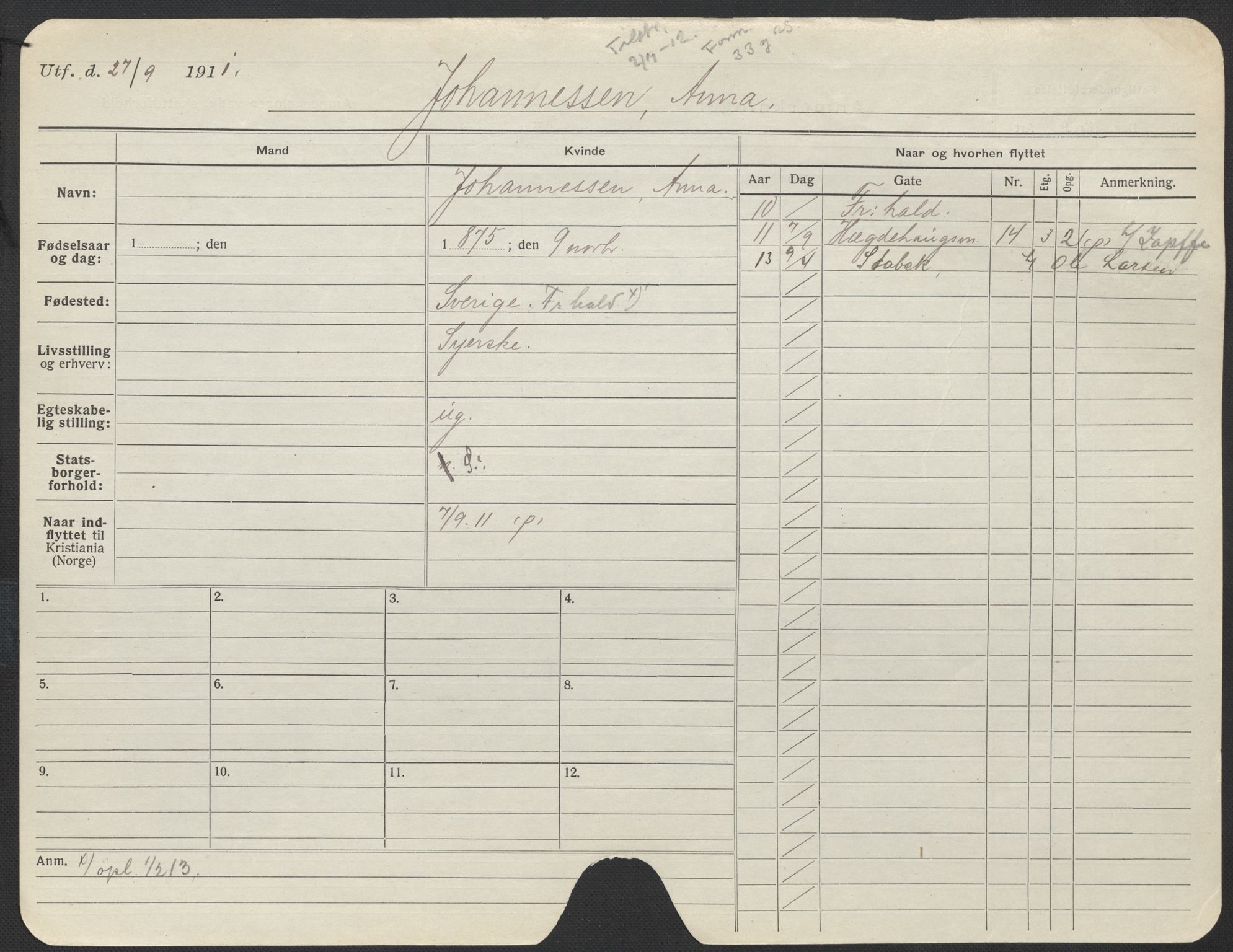 Oslo folkeregister, Registerkort, AV/SAO-A-11715/F/Fa/Fac/L0017: Kvinner, 1906-1914, p. 606a