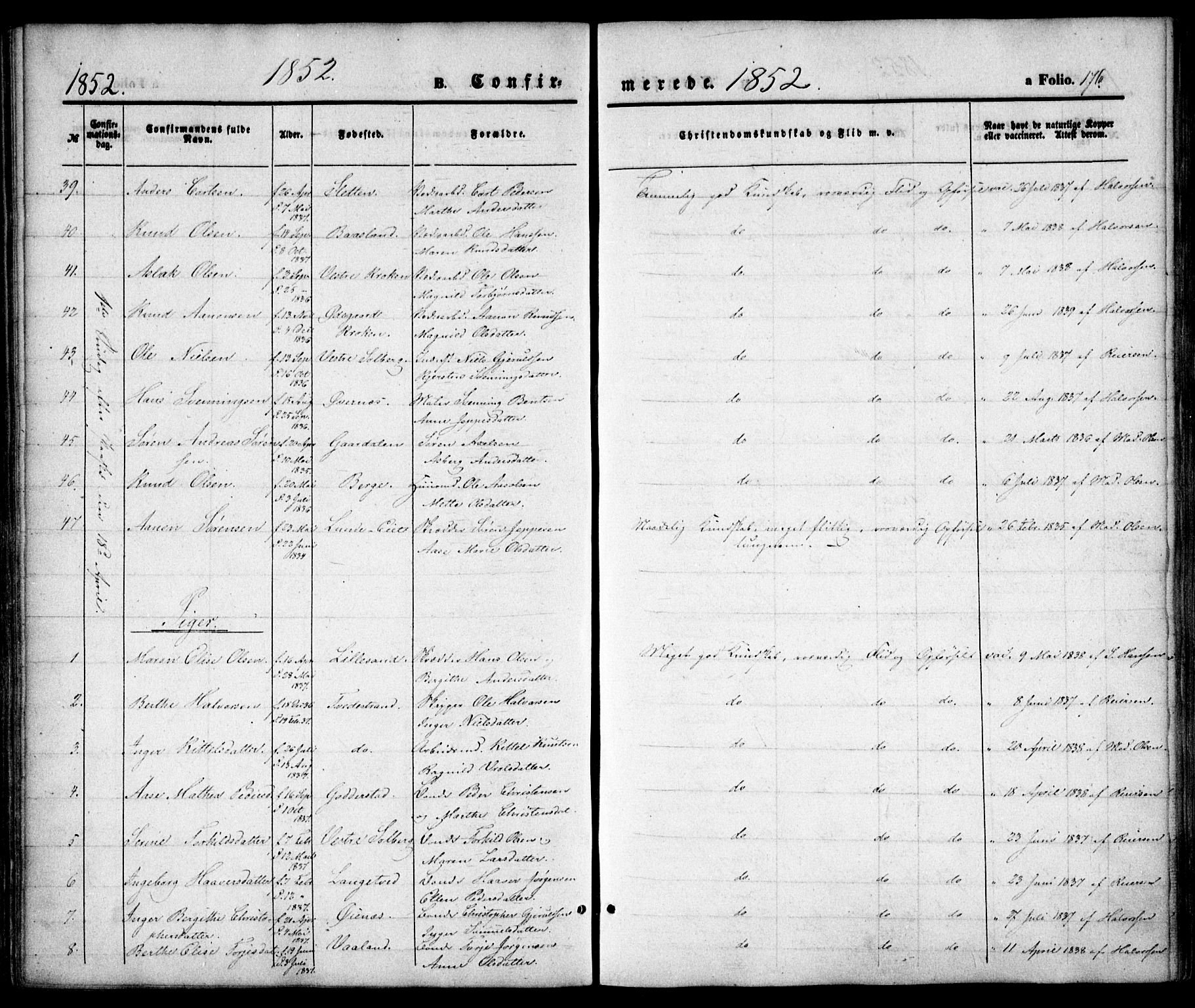 Holt sokneprestkontor, SAK/1111-0021/F/Fa/L0008: Parish register (official) no. A 8, 1849-1860, p. 176