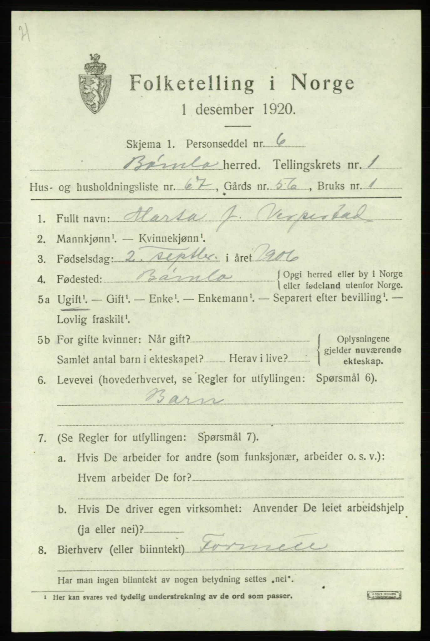 SAB, 1920 census for Bømlo, 1920, p. 1267