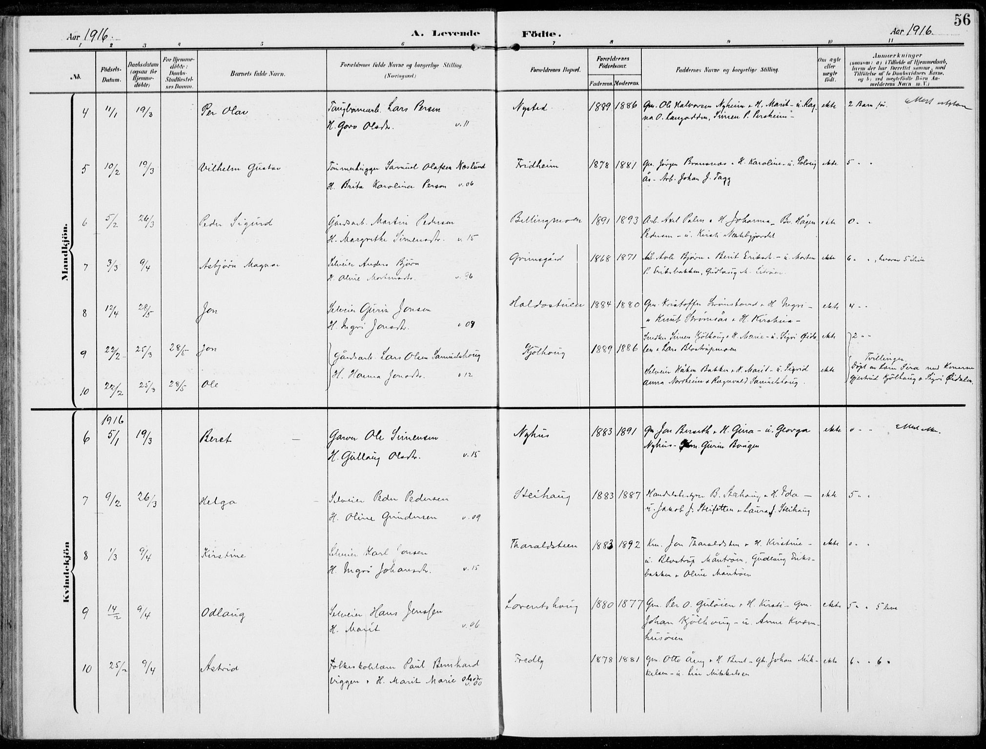 Alvdal prestekontor, AV/SAH-PREST-060/H/Ha/Haa/L0004: Parish register (official) no. 4, 1907-1919, p. 56