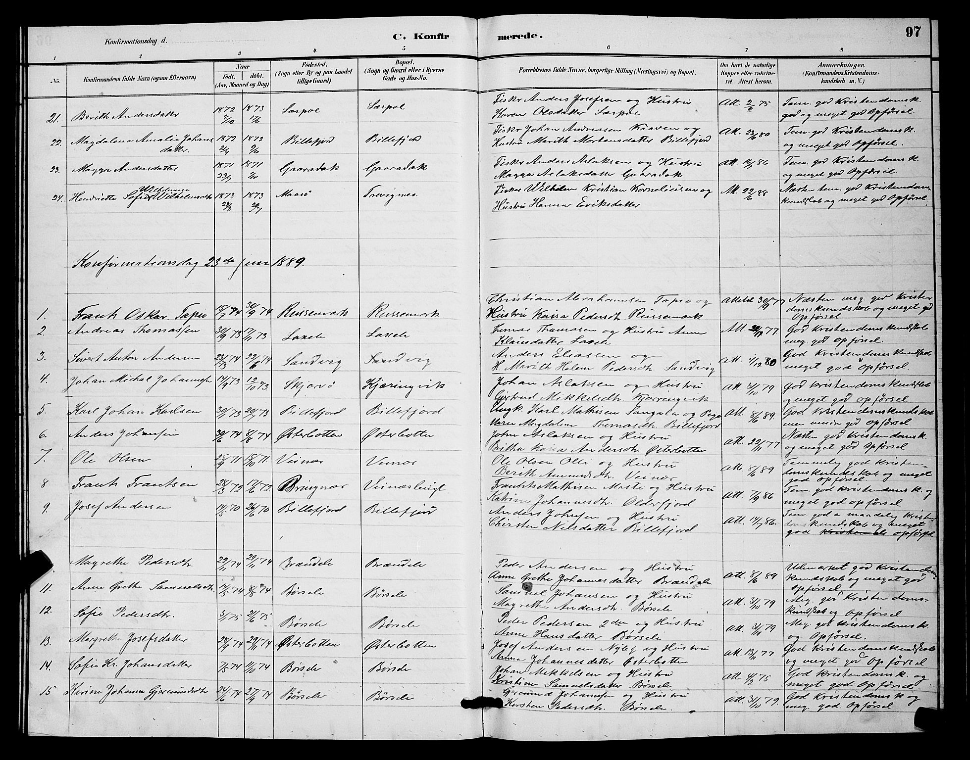Kistrand/Porsanger sokneprestembete, SATØ/S-1351/H/Hb/L0004.klokk: Parish register (copy) no. 4, 1885-1894, p. 97