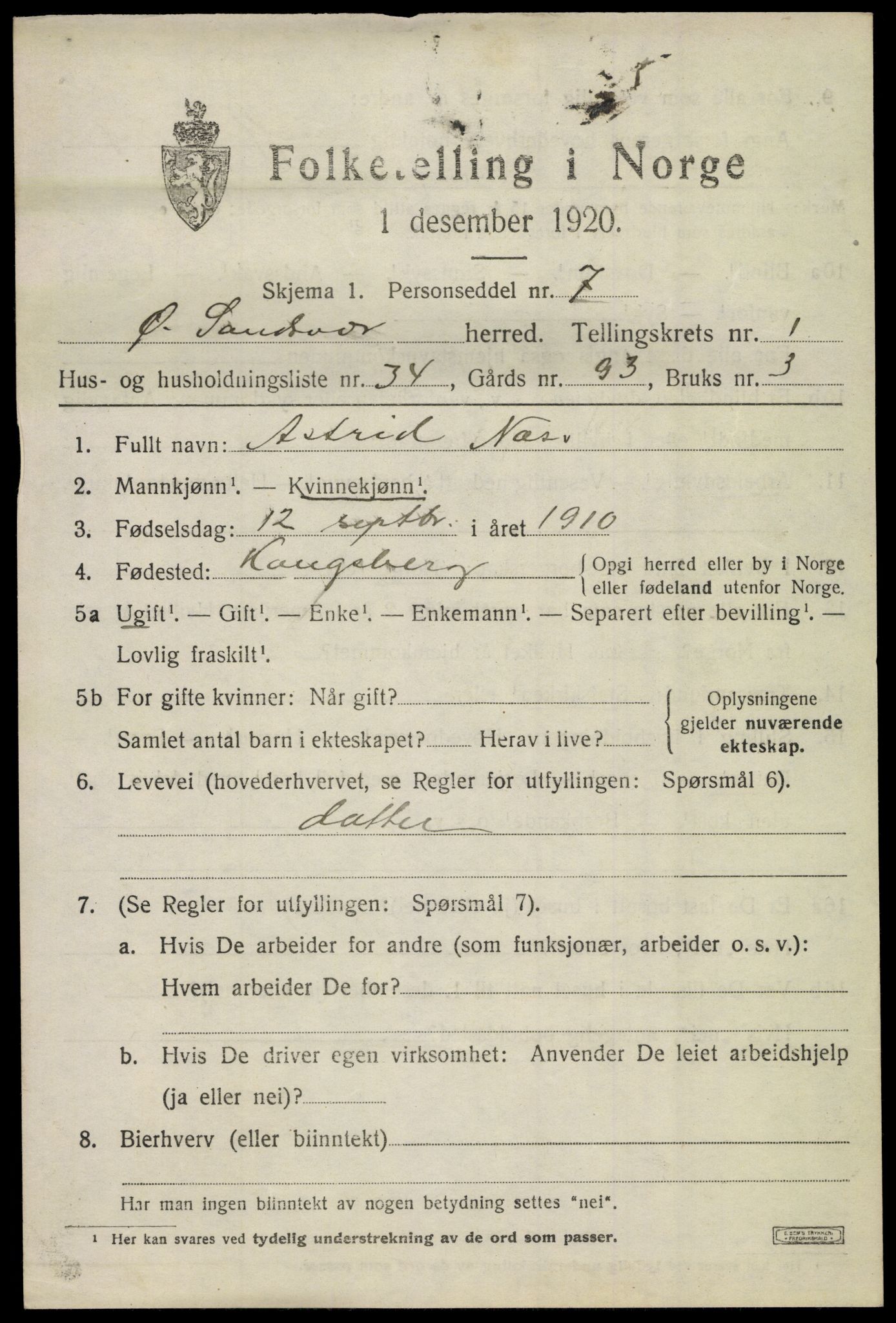 SAKO, 1920 census for Øvre Sandsvær, 1920, p. 1354