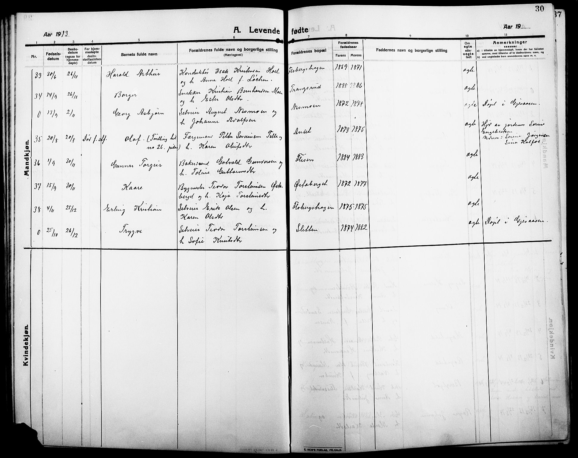 Åsnes prestekontor, SAH/PREST-042/H/Ha/Hab/L0007: Parish register (copy) no. 7, 1909-1926, p. 30