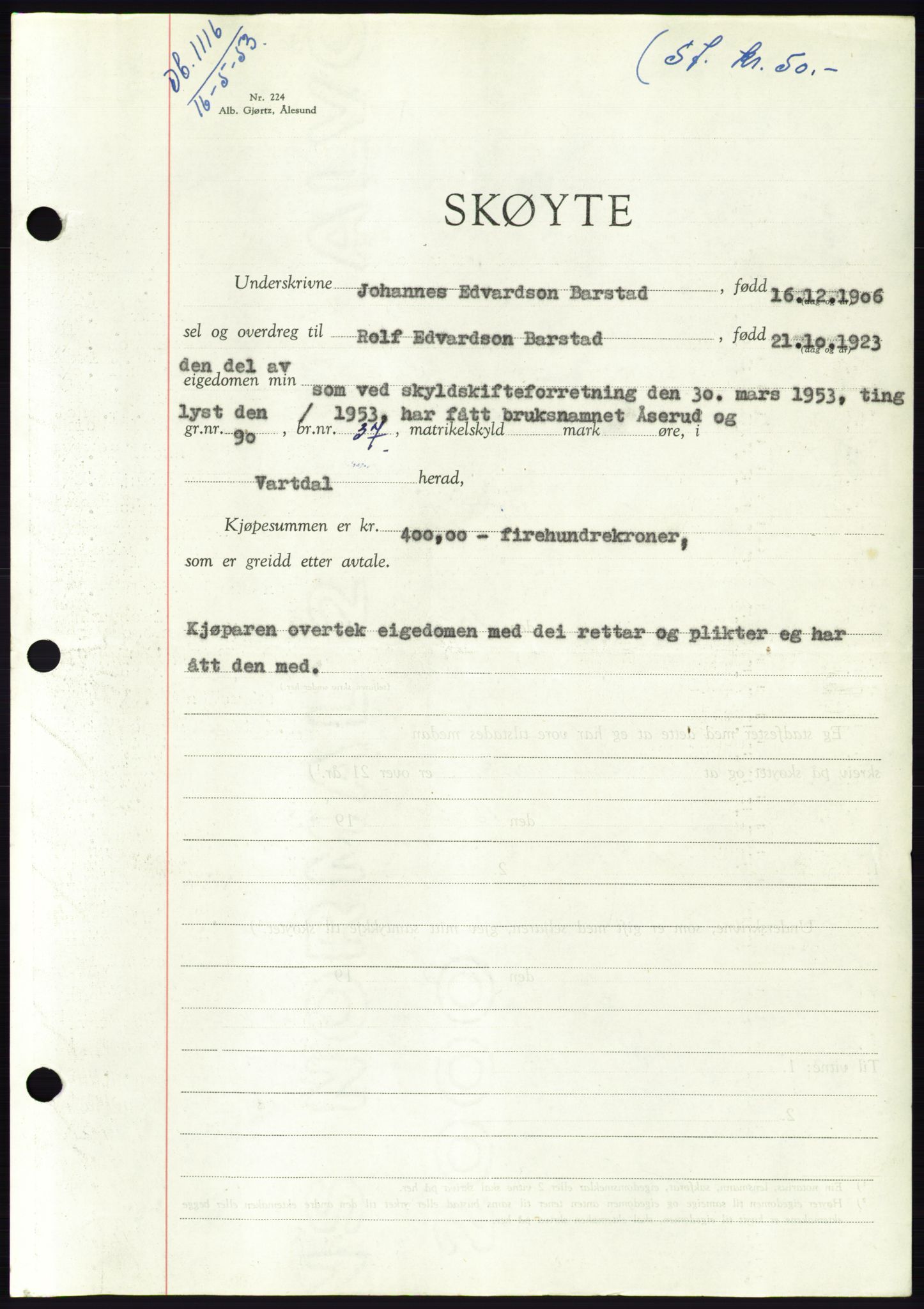 Søre Sunnmøre sorenskriveri, AV/SAT-A-4122/1/2/2C/L0095: Mortgage book no. 21A, 1953-1953, Diary no: : 1116/1953