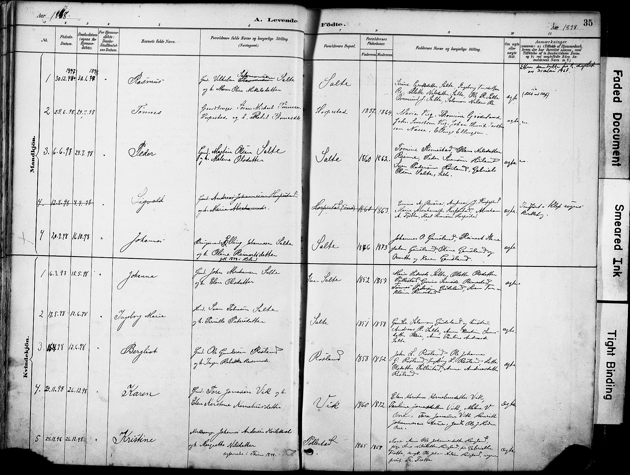 Klepp sokneprestkontor, AV/SAST-A-101803/001/3/30BA/L0007: Parish register (official) no. A 8, 1886-1912, p. 35