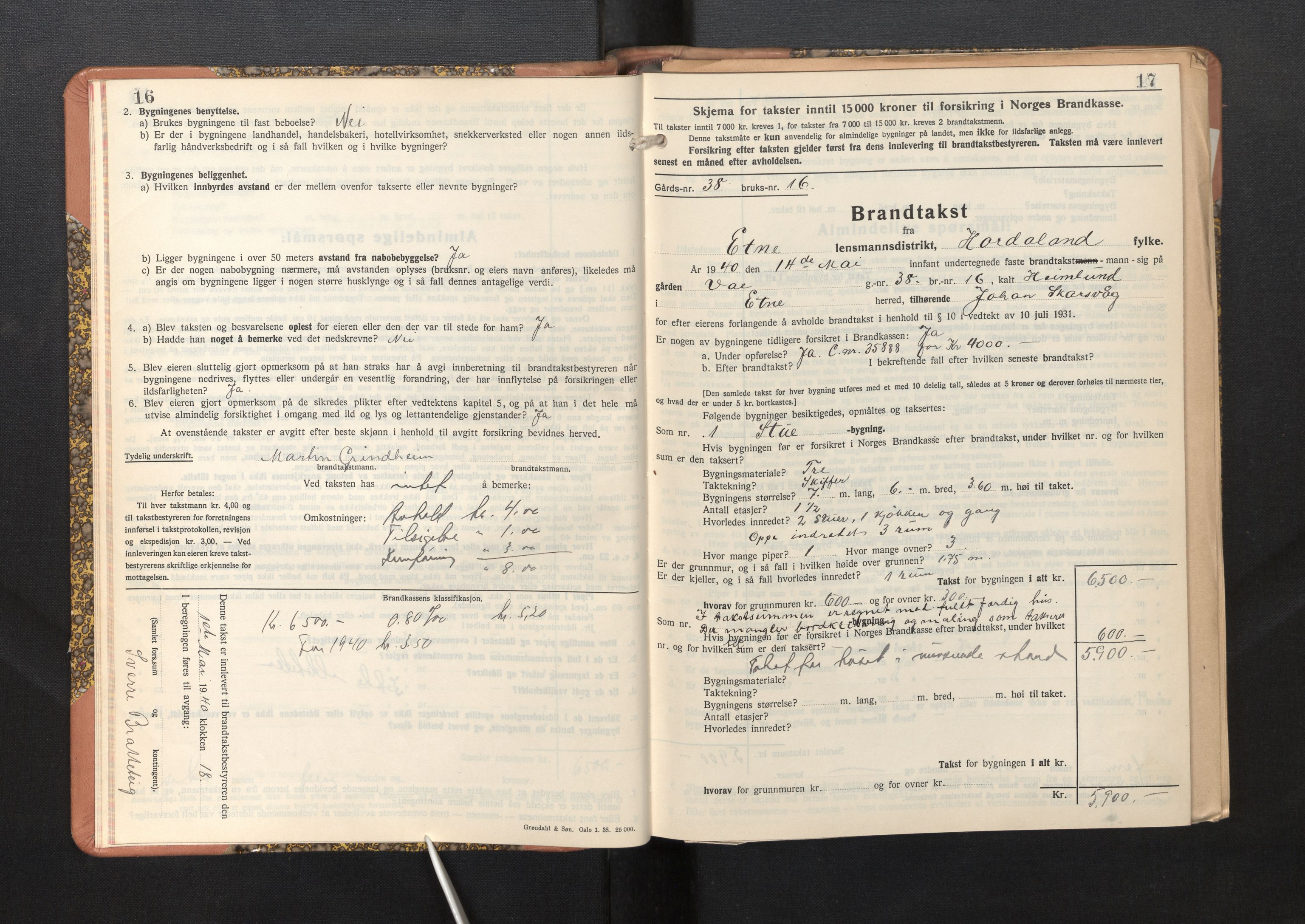 Lensmannen i Etne, AV/SAB-A-31601/0012/L0002: Branntakstprotokoll, skjematakst, 1939-1948, p. 16-17