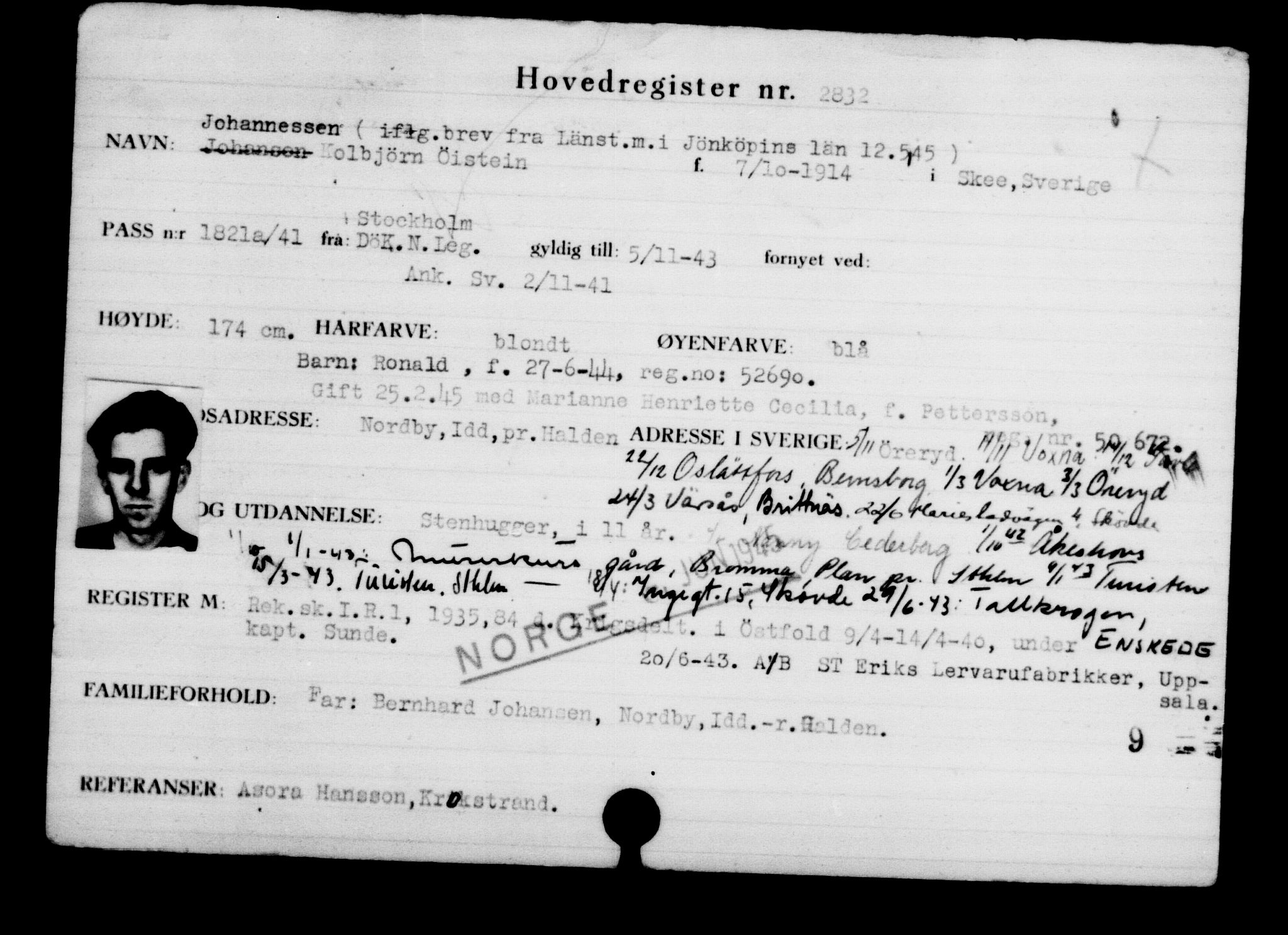 Den Kgl. Norske Legasjons Flyktningskontor, RA/S-6753/V/Va/L0003: Kjesäterkartoteket.  Flyktningenr. 2001-3495, 1940-1945, p. 1228