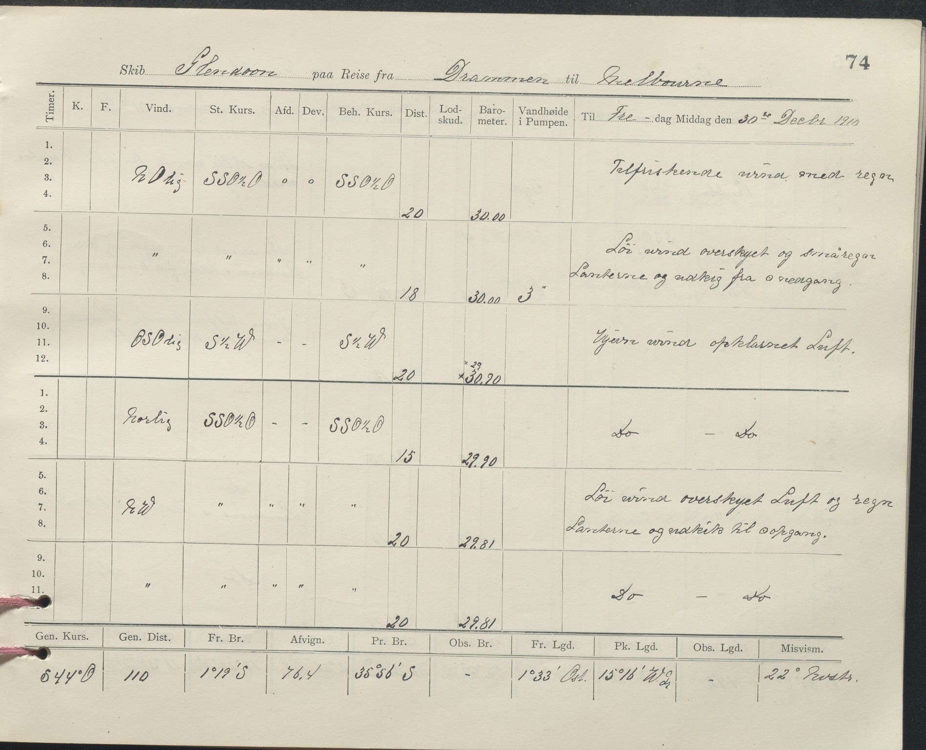 , PA-1348 Mathiesen, Erik Martinius; logbok Glendoon 1910-1911, 1910-1911, p. 74