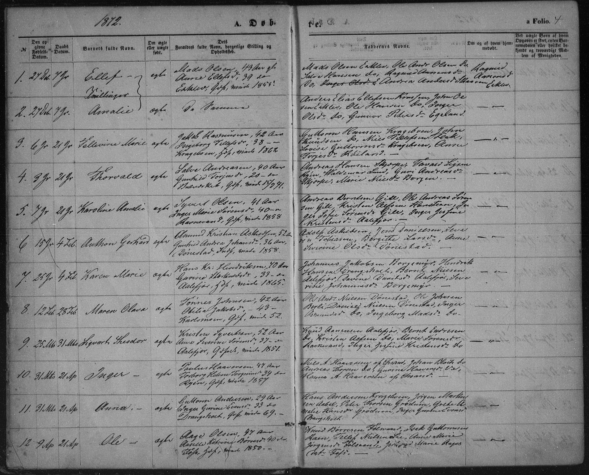 Tveit sokneprestkontor, SAK/1111-0043/F/Fa/L0006: Parish register (official) no. A 6, 1872-1886, p. 4