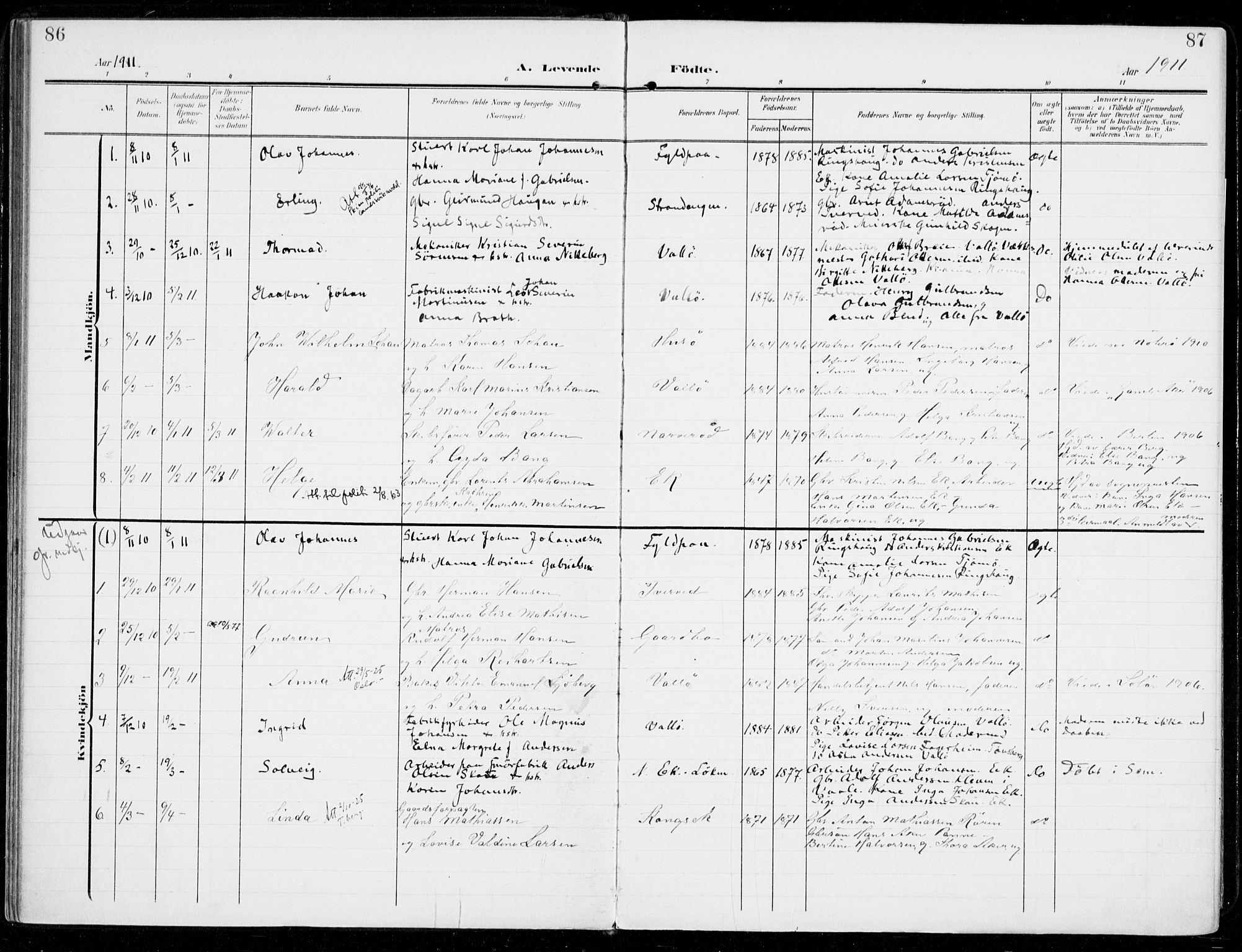 Sem kirkebøker, SAKO/A-5/F/Fb/L0006: Parish register (official) no. II 6, 1905-1918, p. 86-87
