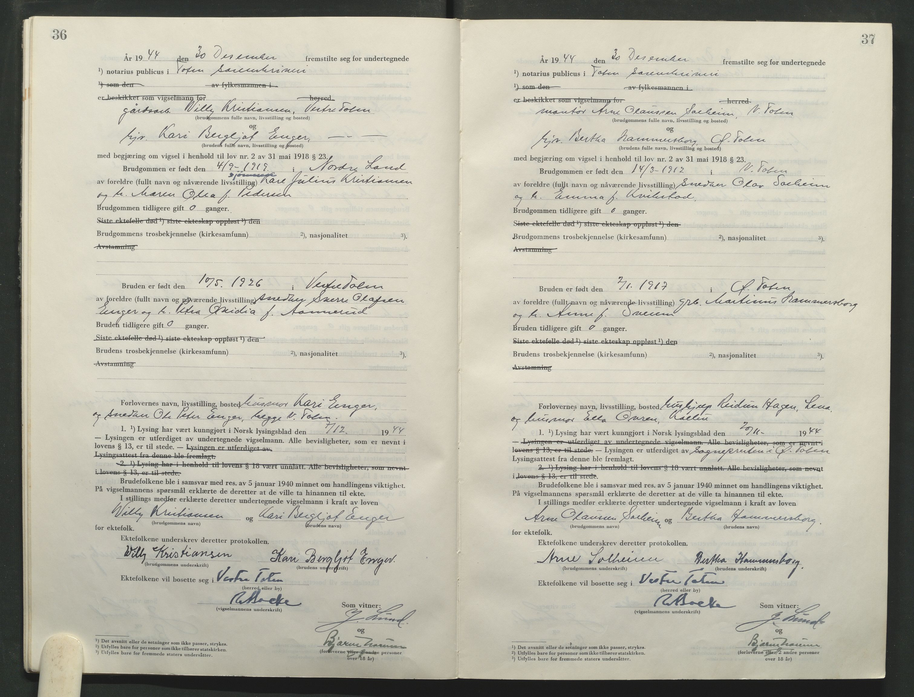 Toten tingrett, AV/SAH-TING-006/L/Lc/L0005: Vigselbok, 1944-1948, p. 36-37