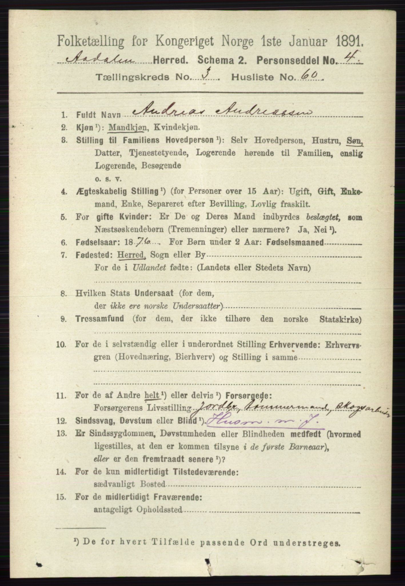 RA, 1891 census for 0614 Ådal, 1891, p. 1447