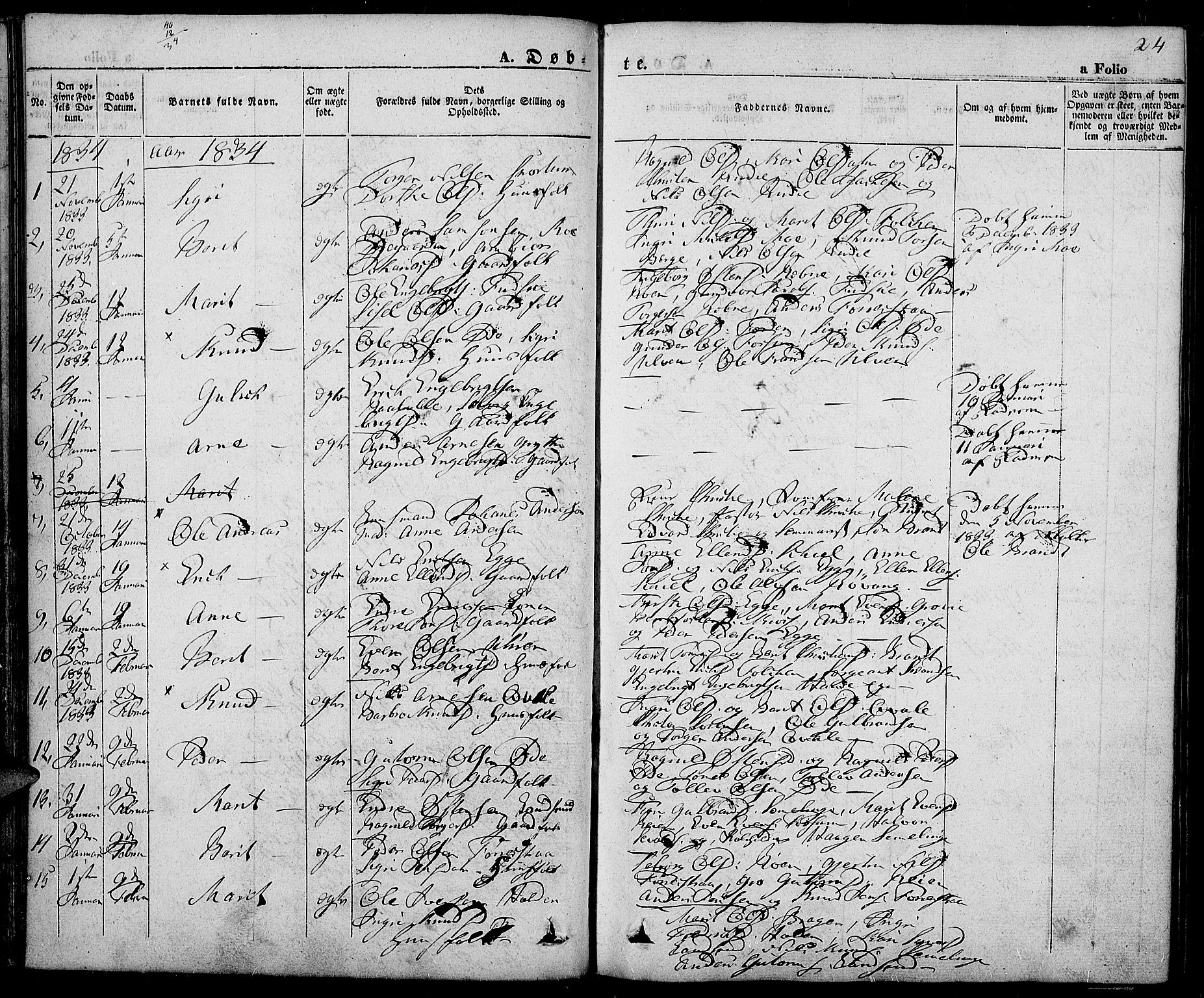 Slidre prestekontor, SAH/PREST-134/H/Ha/Haa/L0003: Parish register (official) no. 3, 1831-1843, p. 24
