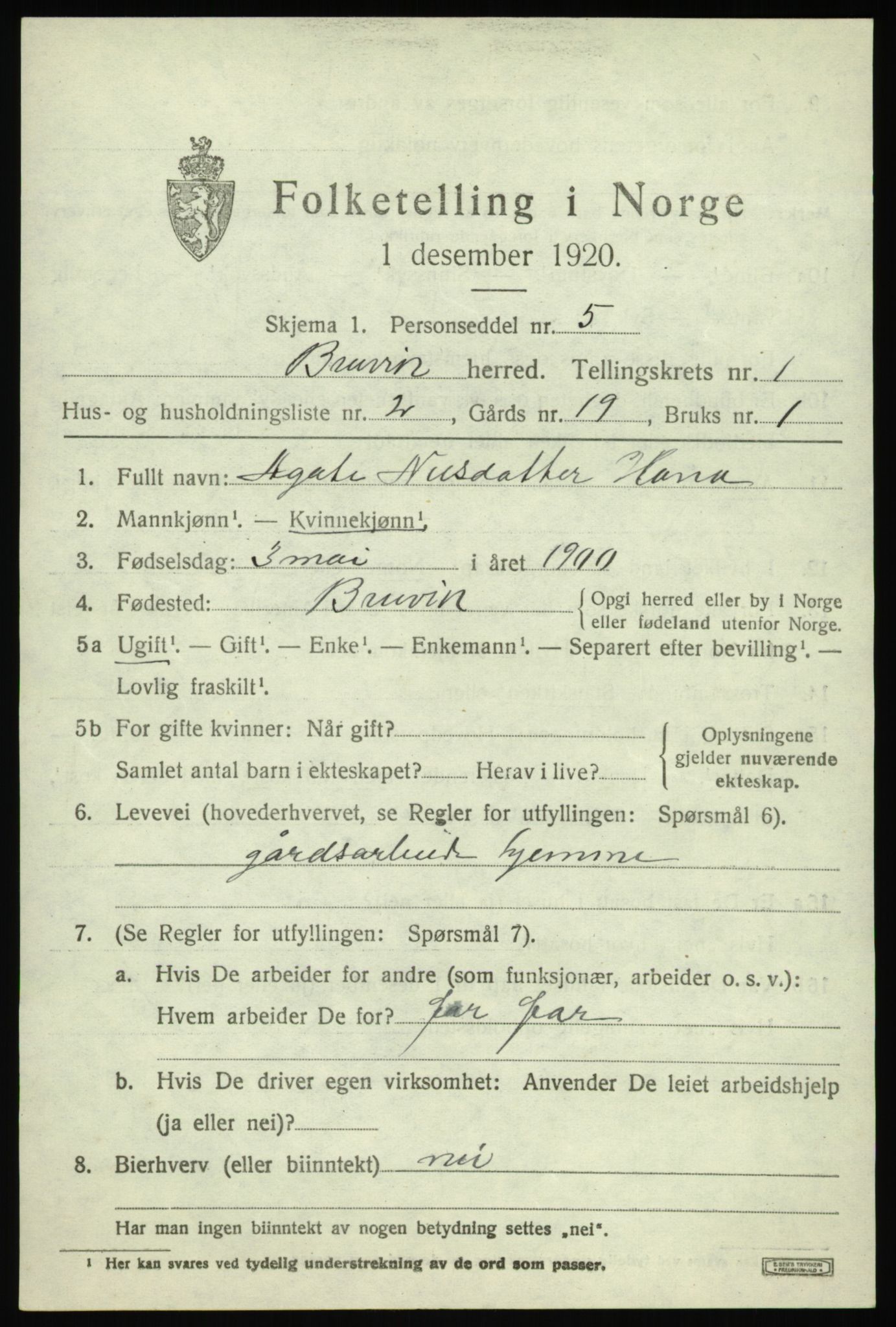 SAB, 1920 census for Bruvik, 1920, p. 1114