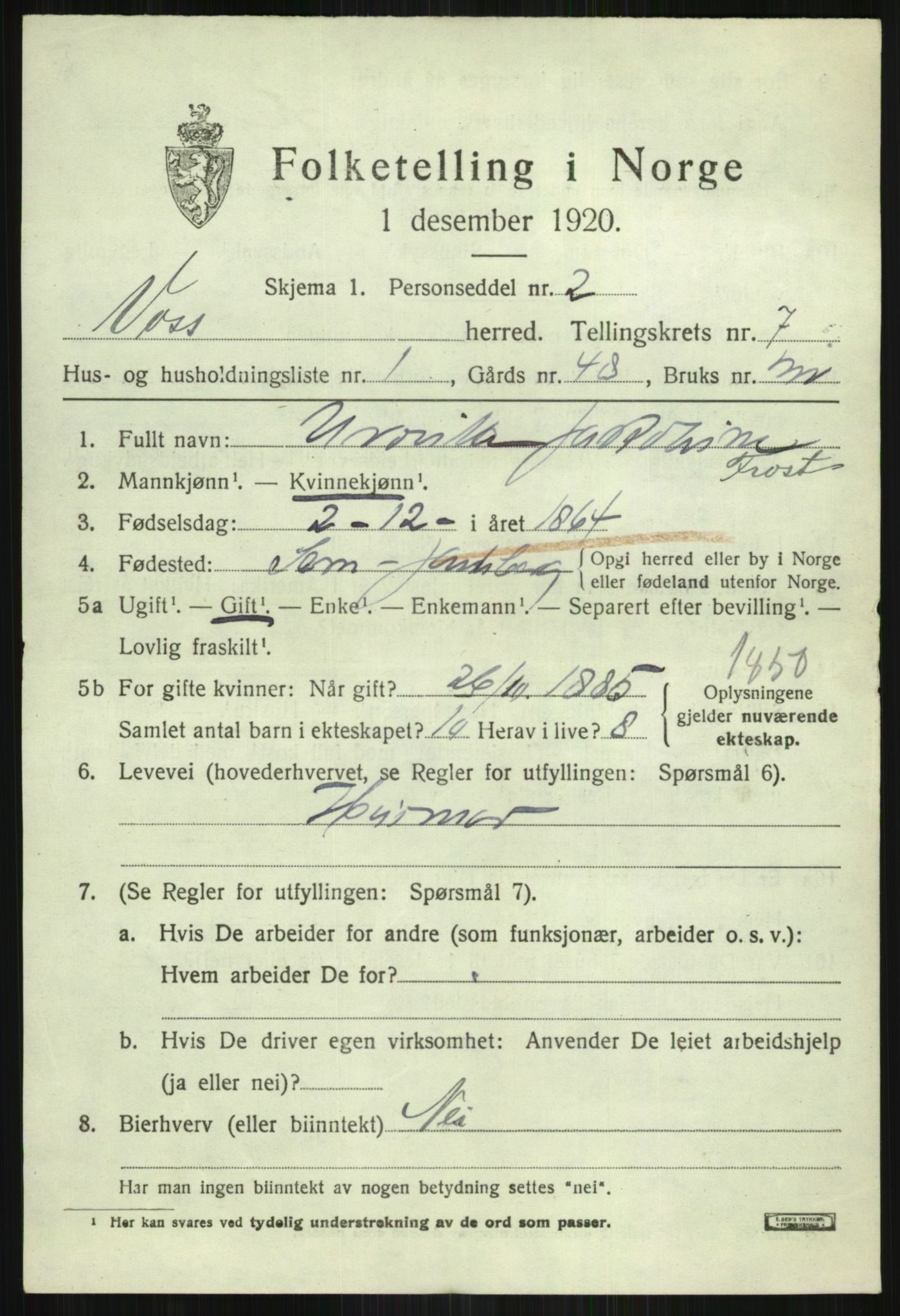 SAB, 1920 census for Voss, 1920, p. 6555