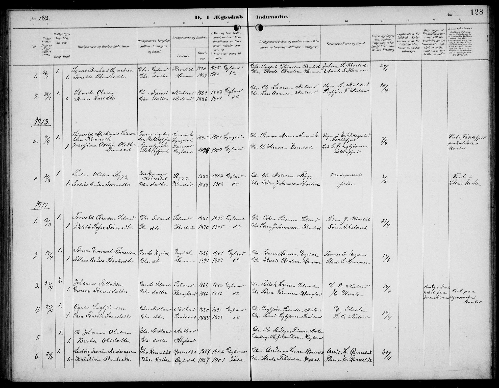 Bakke sokneprestkontor, SAK/1111-0002/F/Fb/Fbb/L0004: Parish register (copy) no. B 4, 1896-1927, p. 128