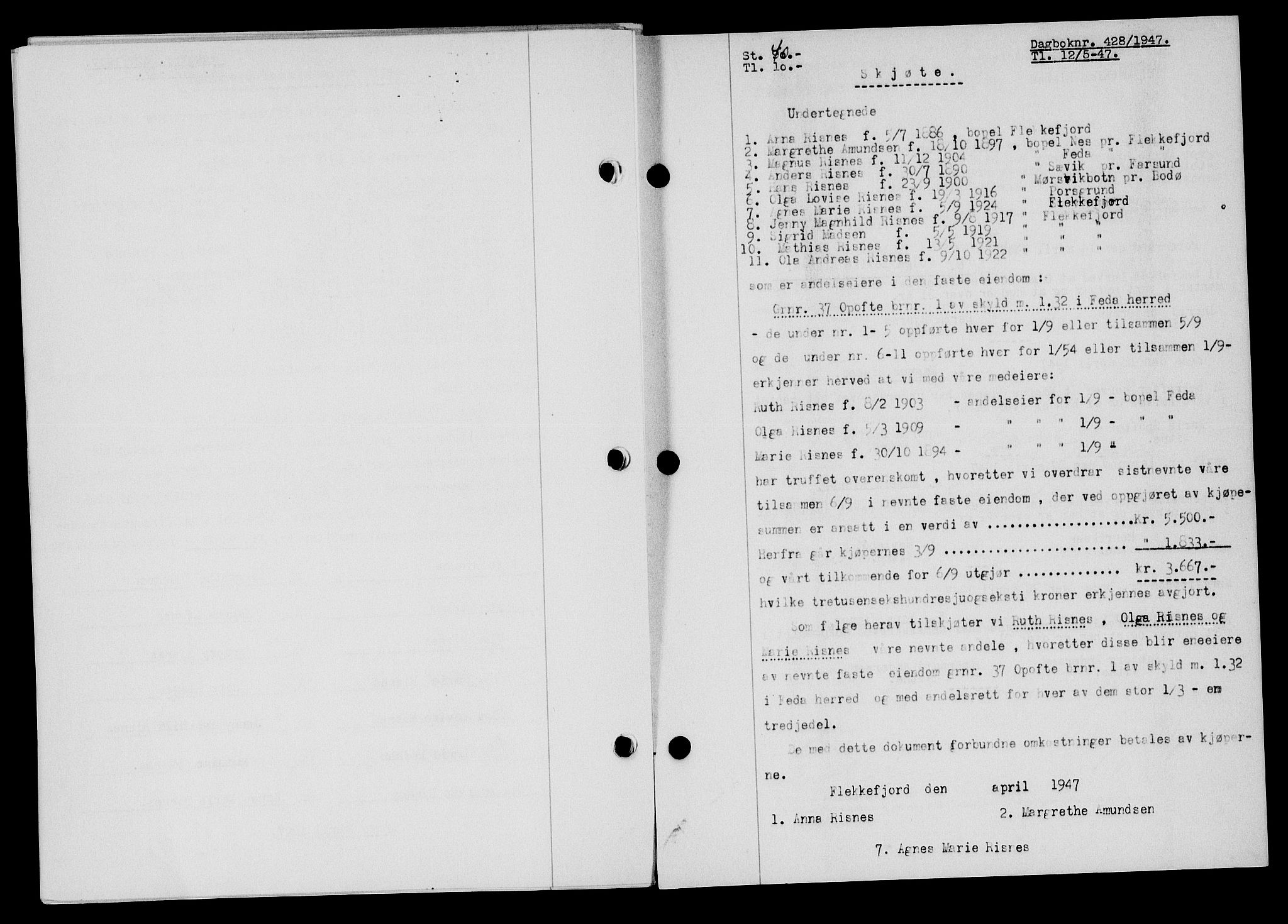 Flekkefjord sorenskriveri, SAK/1221-0001/G/Gb/Gba/L0062: Mortgage book no. A-10, 1947-1947, Diary no: : 428/1947