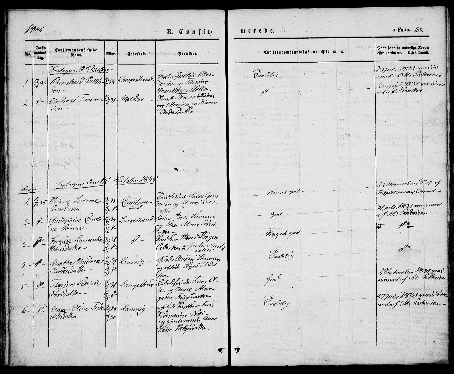 Larvik kirkebøker, AV/SAKO-A-352/F/Fb/L0003: Parish register (official) no. II 3, 1842-1856, p. 168