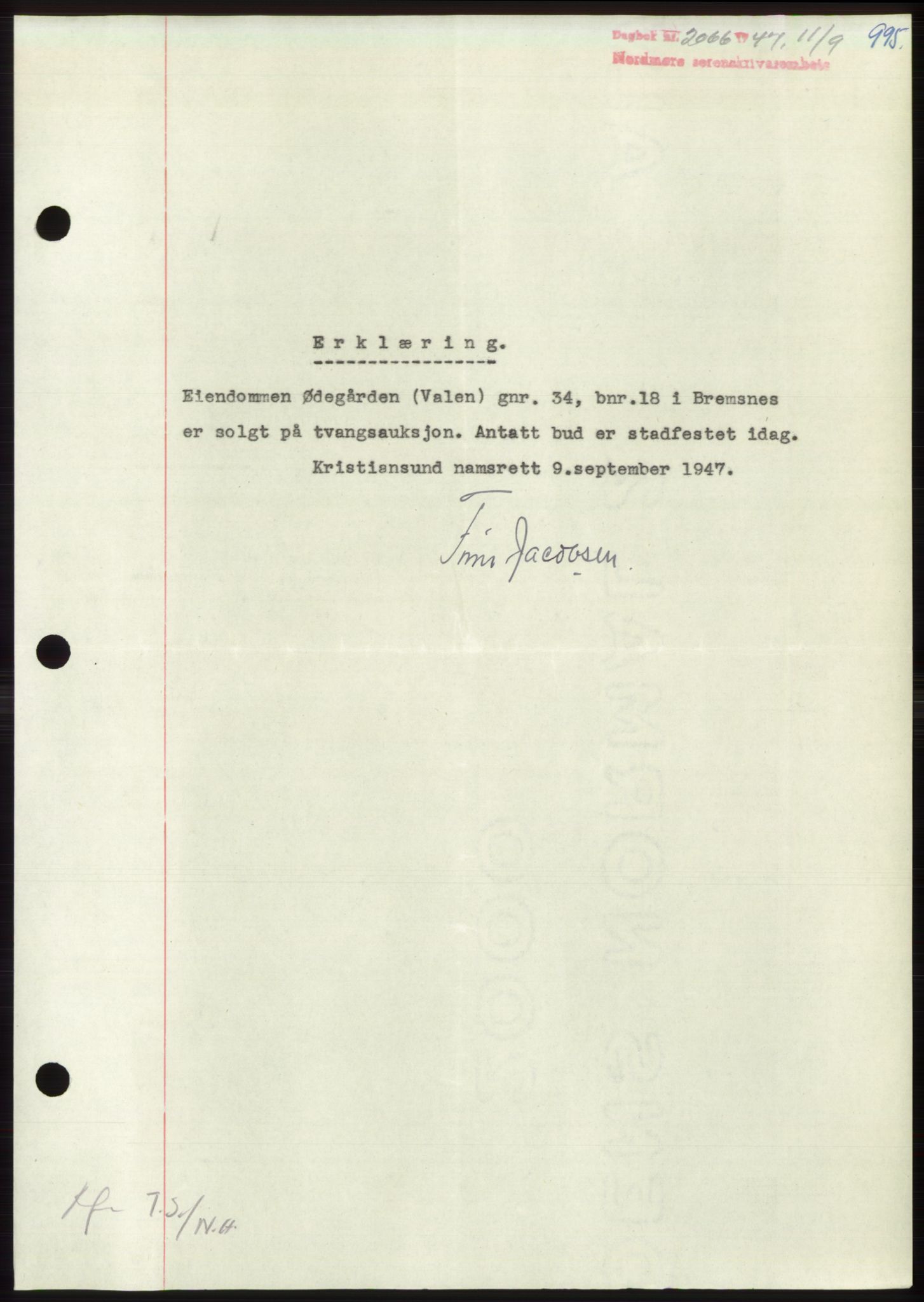 Nordmøre sorenskriveri, AV/SAT-A-4132/1/2/2Ca: Mortgage book no. B96, 1947-1947, Diary no: : 2066/1947