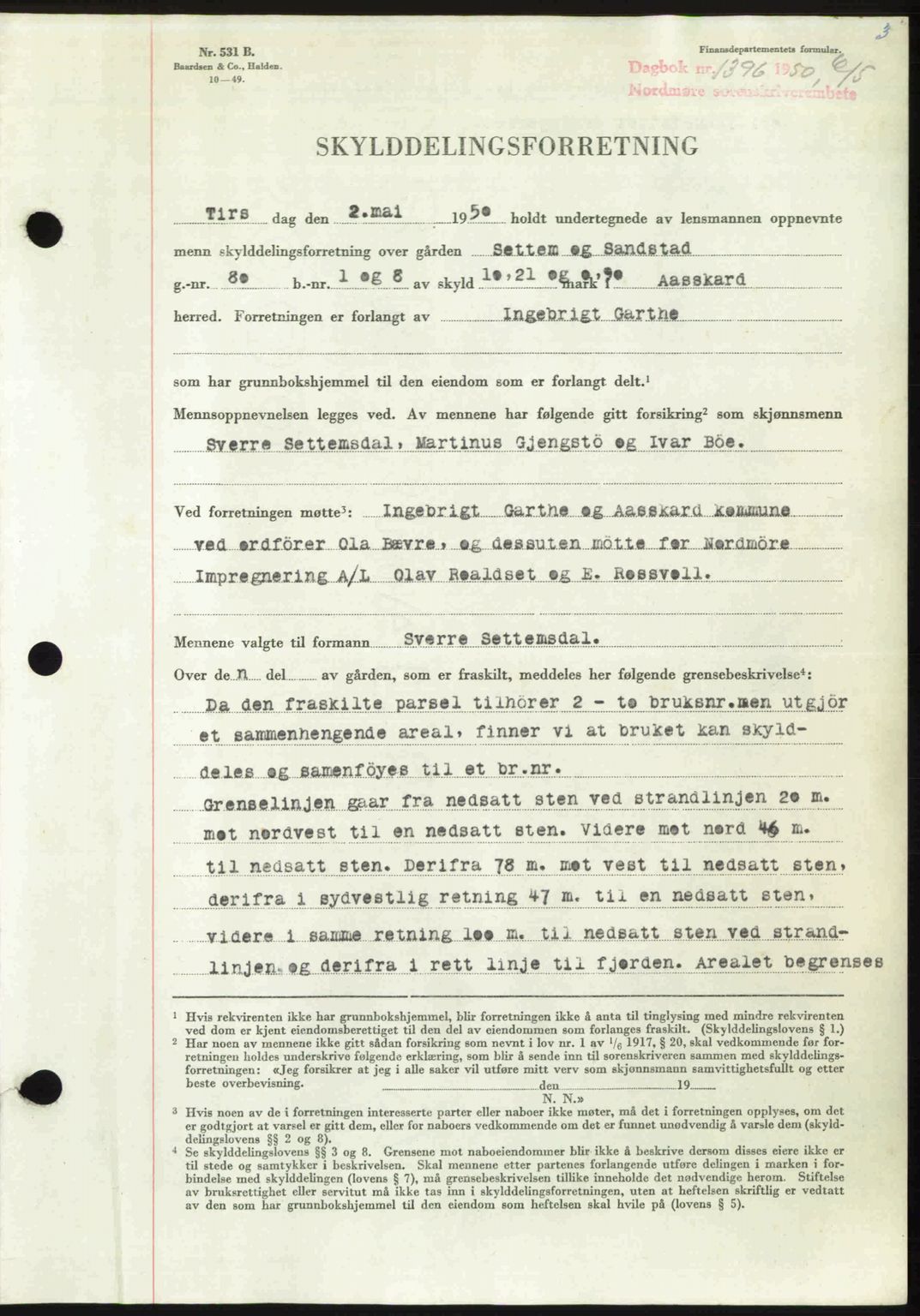 Nordmøre sorenskriveri, AV/SAT-A-4132/1/2/2Ca: Mortgage book no. A115, 1950-1950, Diary no: : 1396/1950