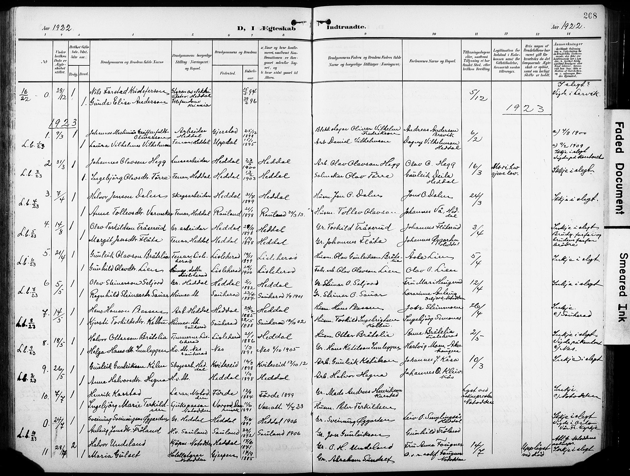Heddal kirkebøker, AV/SAKO-A-268/G/Ga/L0003: Parish register (copy) no. I 3, 1908-1932, p. 268