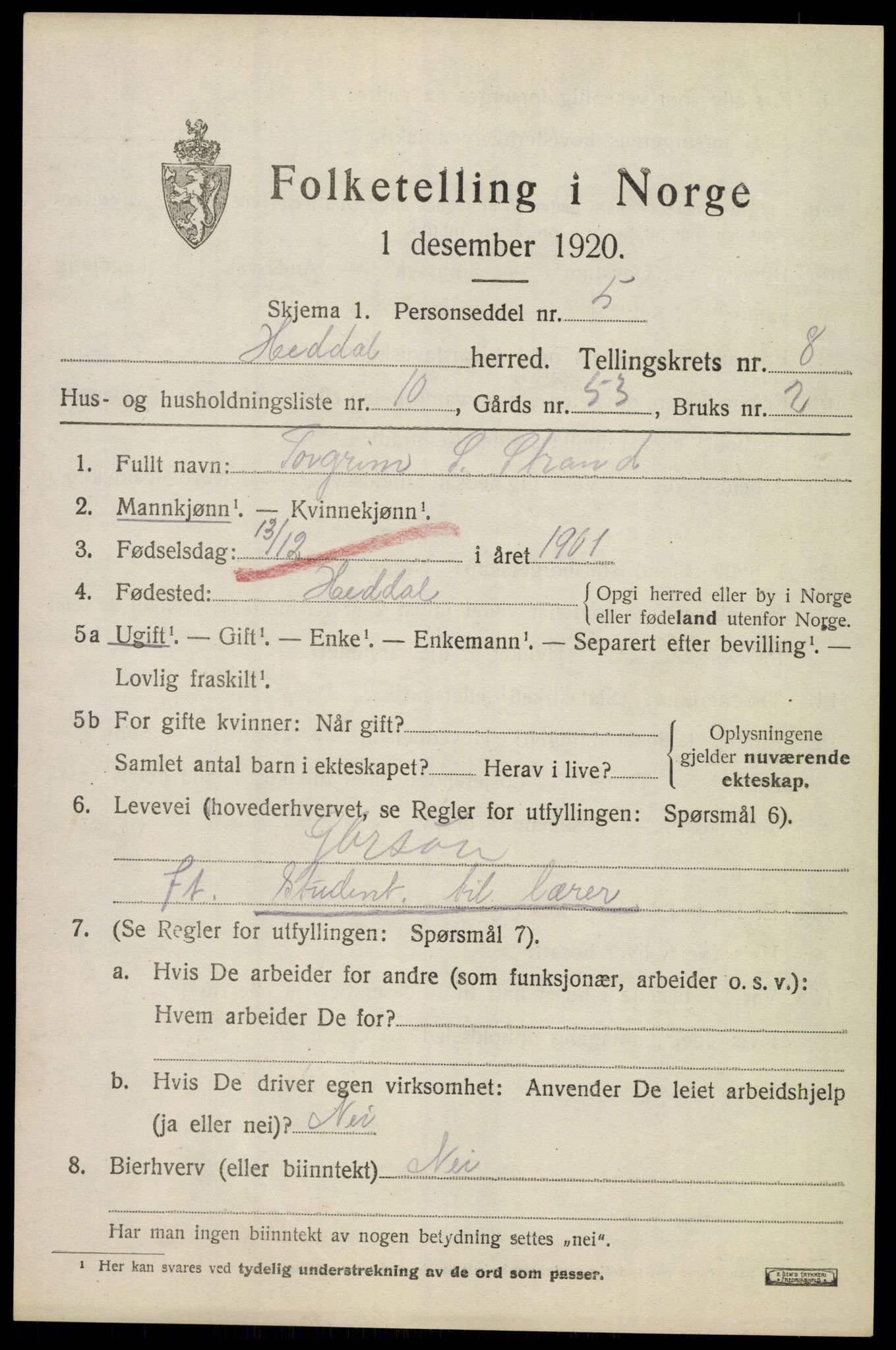 SAKO, 1920 census for Heddal, 1920, p. 6108