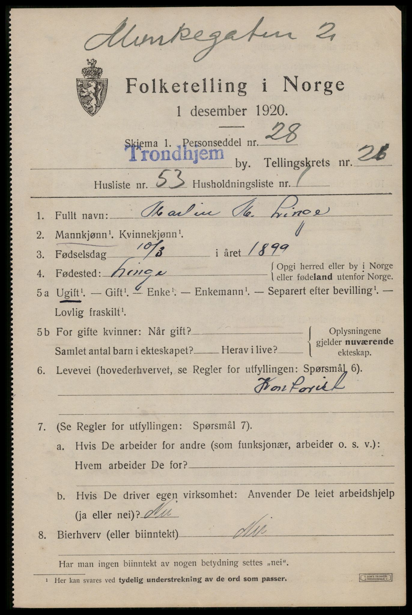 SAT, 1920 census for Trondheim, 1920, p. 69732