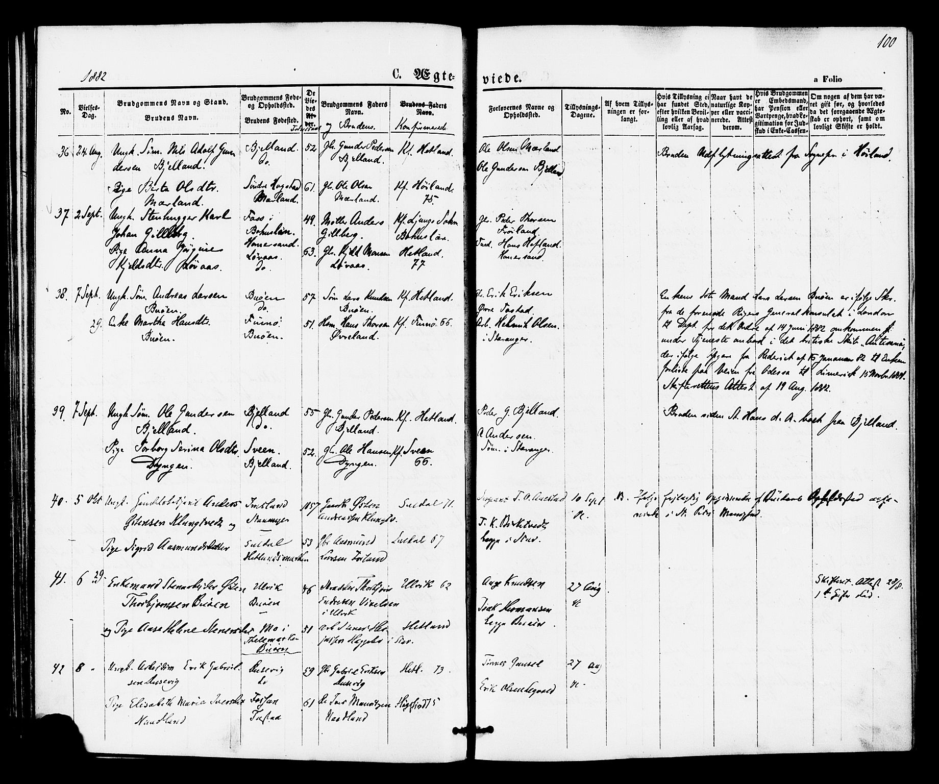 Hetland sokneprestkontor, AV/SAST-A-101826/30/30BA/L0005: Parish register (official) no. A 5, 1869-1884, p. 100