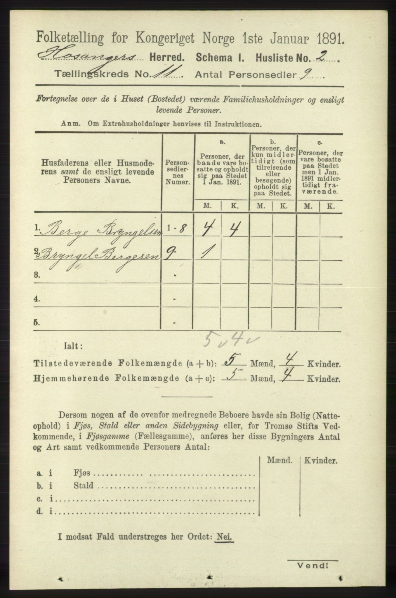 RA, 1891 census for 1253 Hosanger, 1891, p. 3660