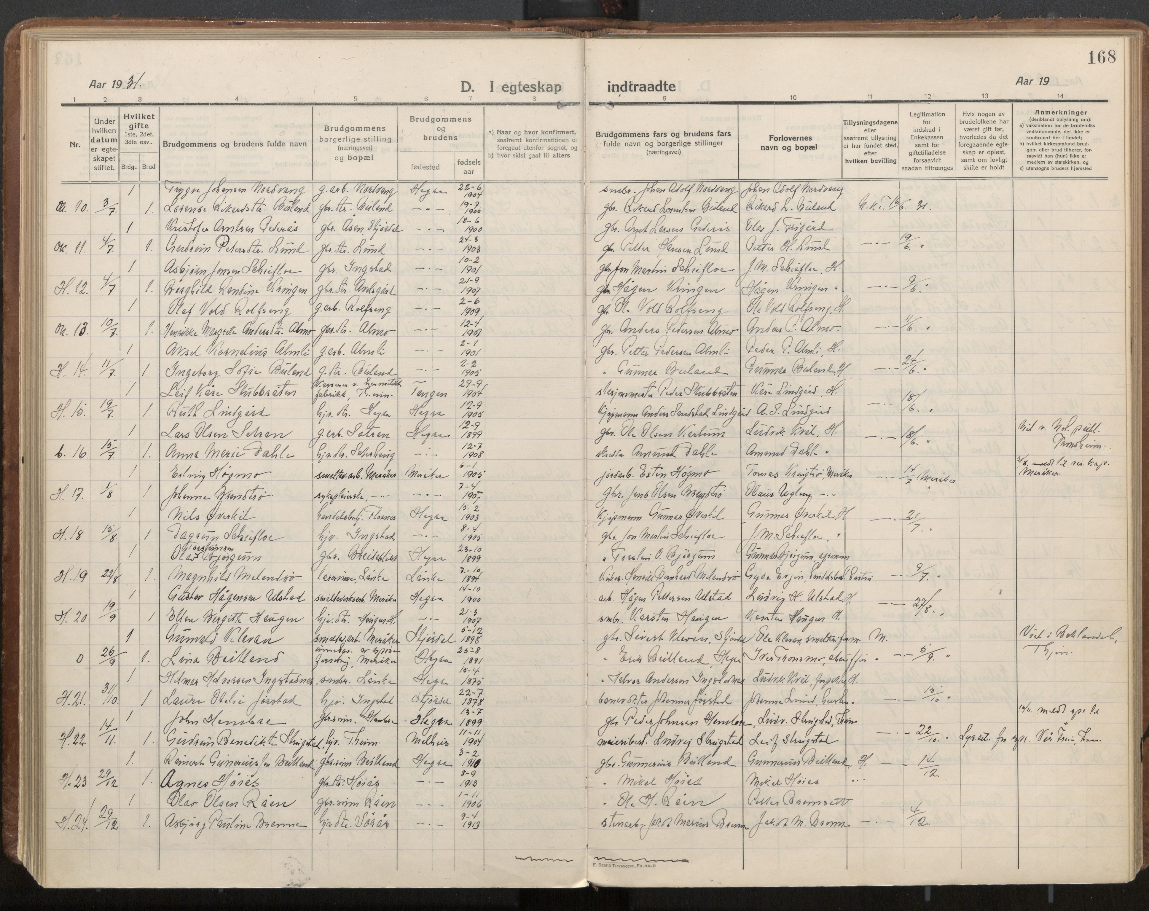 Ministerialprotokoller, klokkerbøker og fødselsregistre - Nord-Trøndelag, SAT/A-1458/703/L0037: Parish register (official) no. 703A10, 1915-1932, p. 168