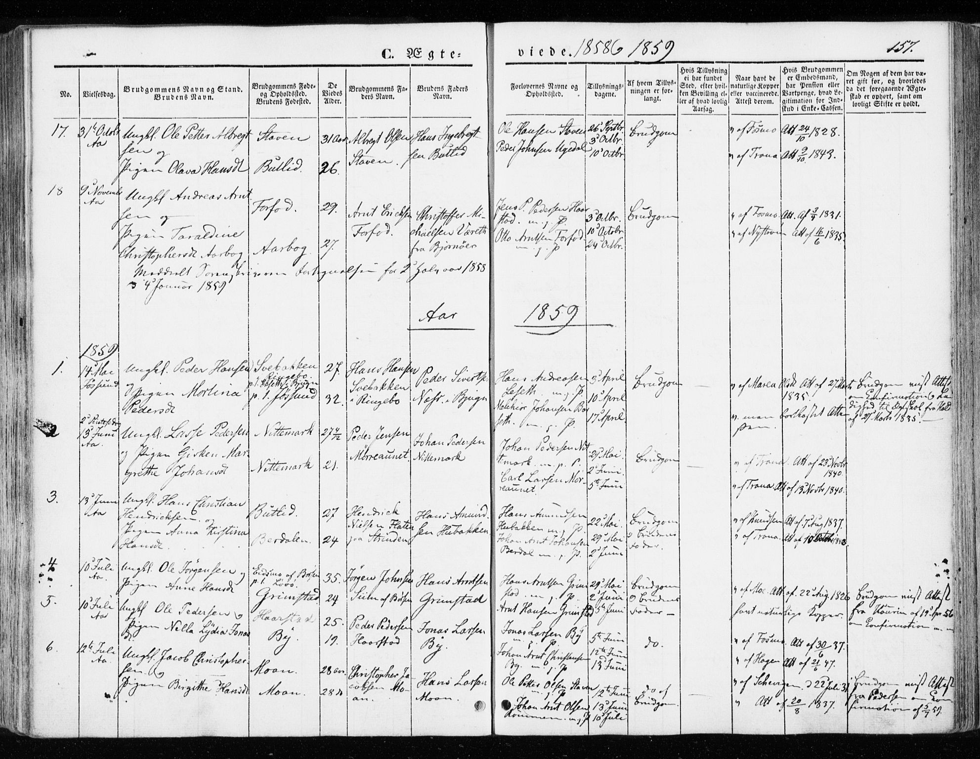 Ministerialprotokoller, klokkerbøker og fødselsregistre - Sør-Trøndelag, SAT/A-1456/655/L0677: Parish register (official) no. 655A06, 1847-1860, p. 157