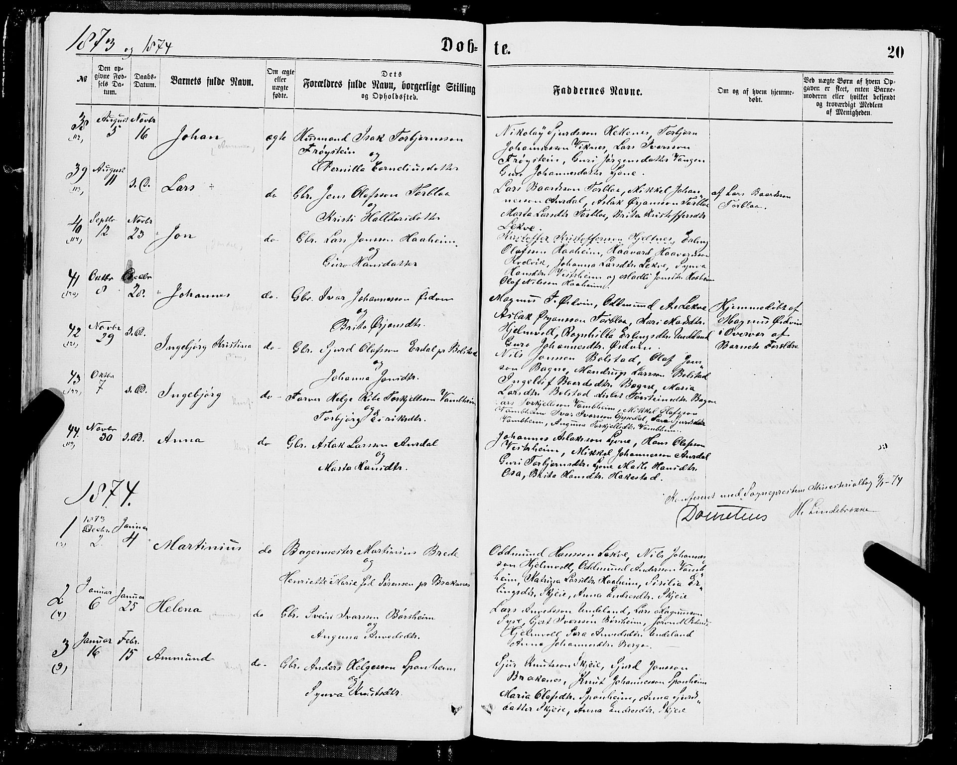 Ulvik sokneprestembete, SAB/A-78801/H/Hab: Parish register (copy) no. A 2, 1869-1882, p. 20