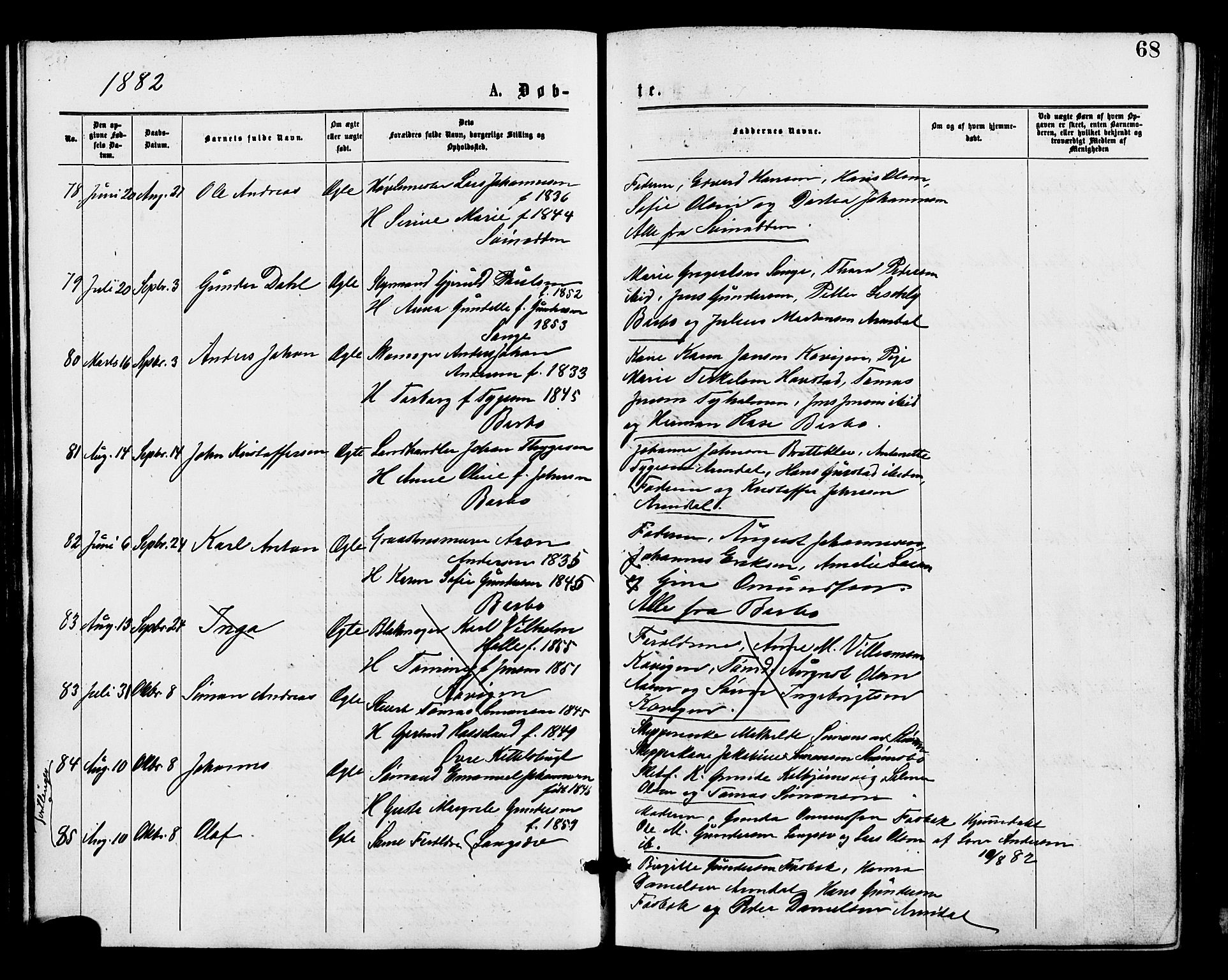 Barbu sokneprestkontor, AV/SAK-1111-0003/F/Fa/L0001: Parish register (official) no. A 1 /1, 1878-1883, p. 68