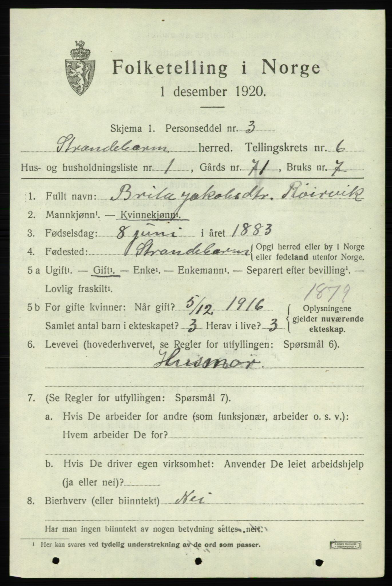 SAB, 1920 census for Strandebarm, 1920, p. 3950