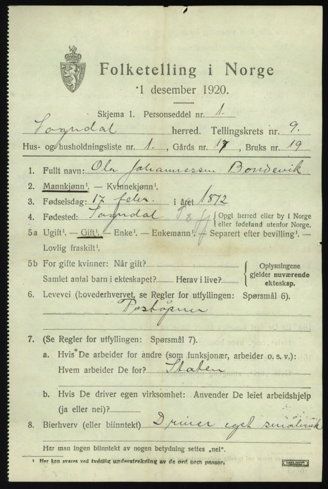 SAB, 1920 census for Sogndal, 1920, p. 4219