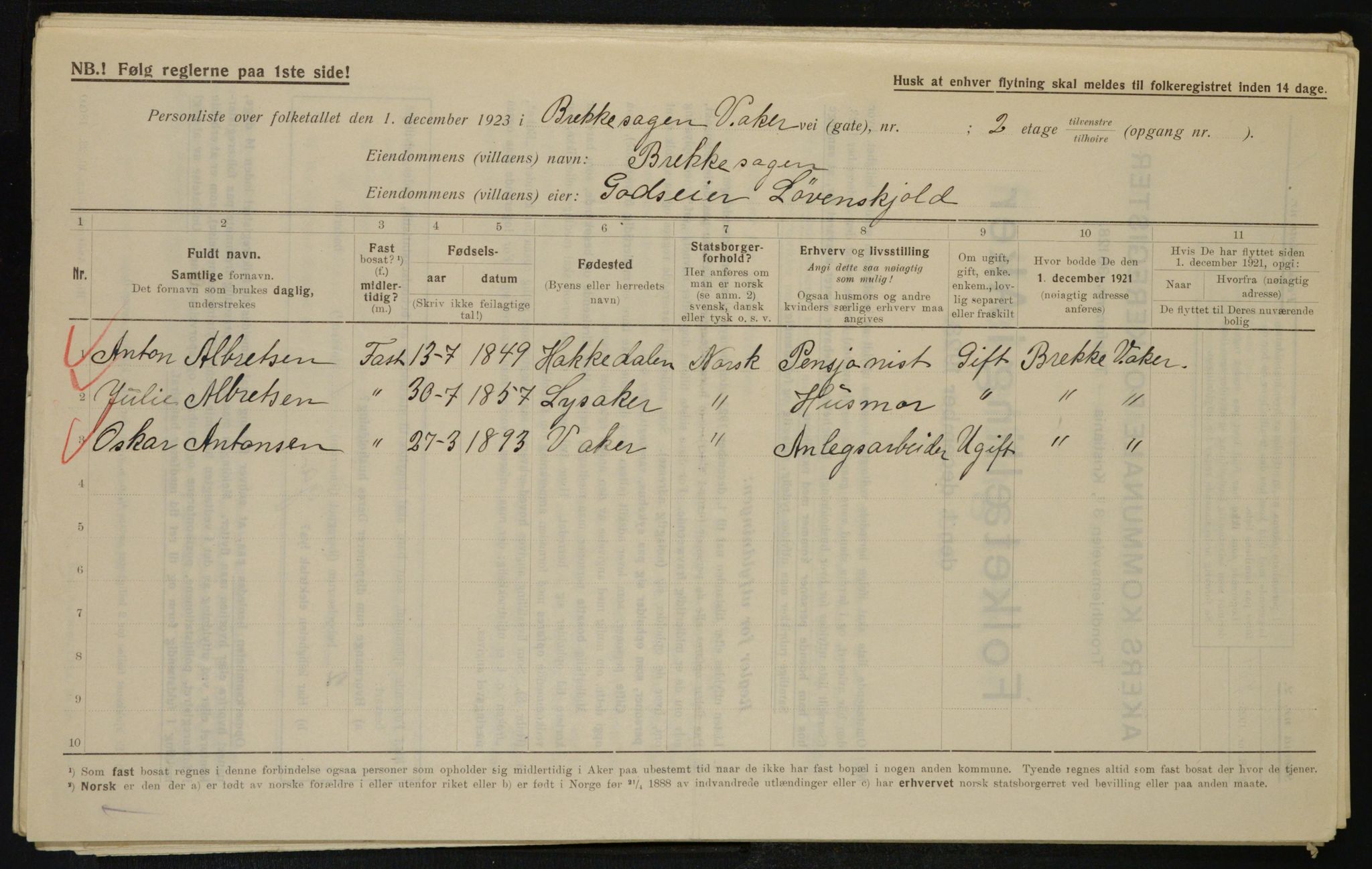 , Municipal Census 1923 for Aker, 1923, p. 13227