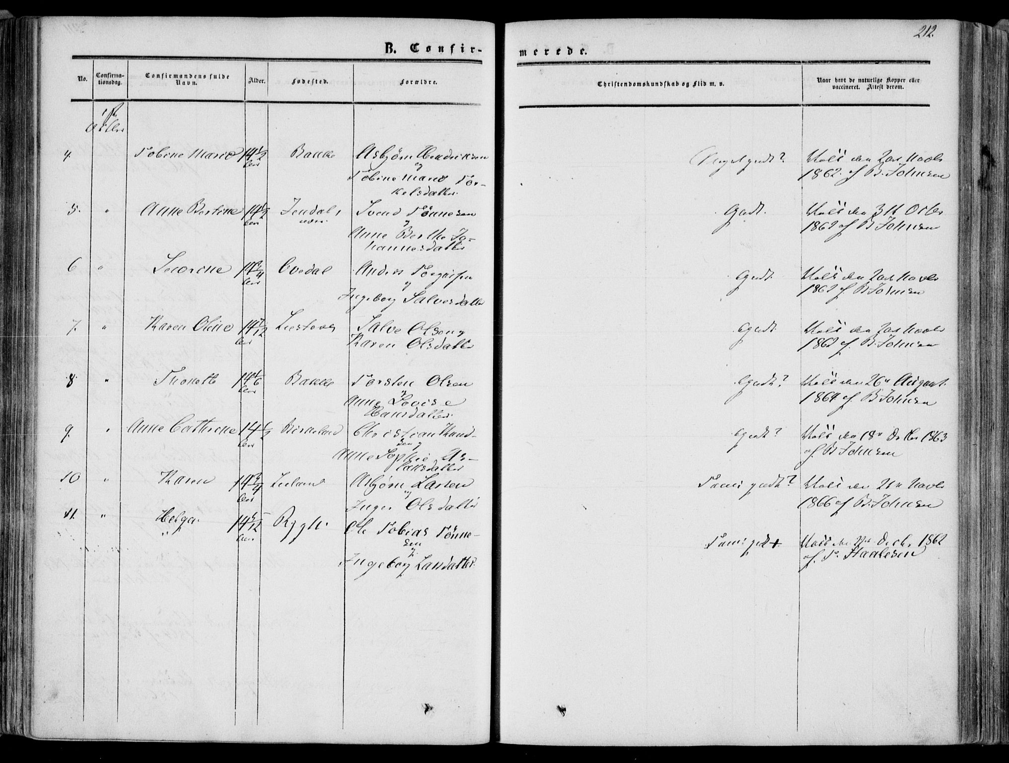 Bakke sokneprestkontor, AV/SAK-1111-0002/F/Fa/Faa/L0006: Parish register (official) no. A 6, 1855-1877, p. 212