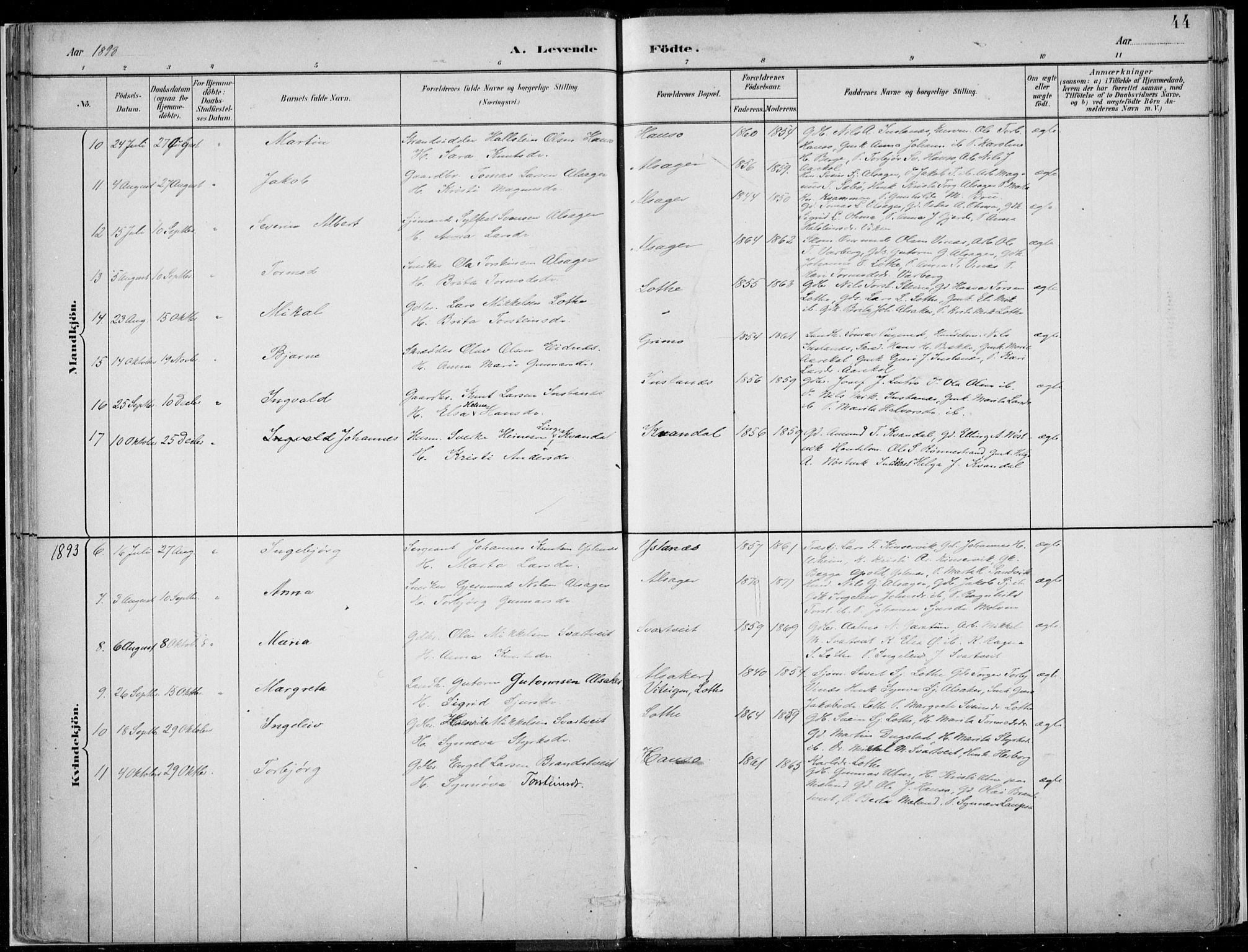 Ullensvang sokneprestembete, SAB/A-78701/H/Haa: Parish register (official) no. E  1, 1882-1921, p. 44