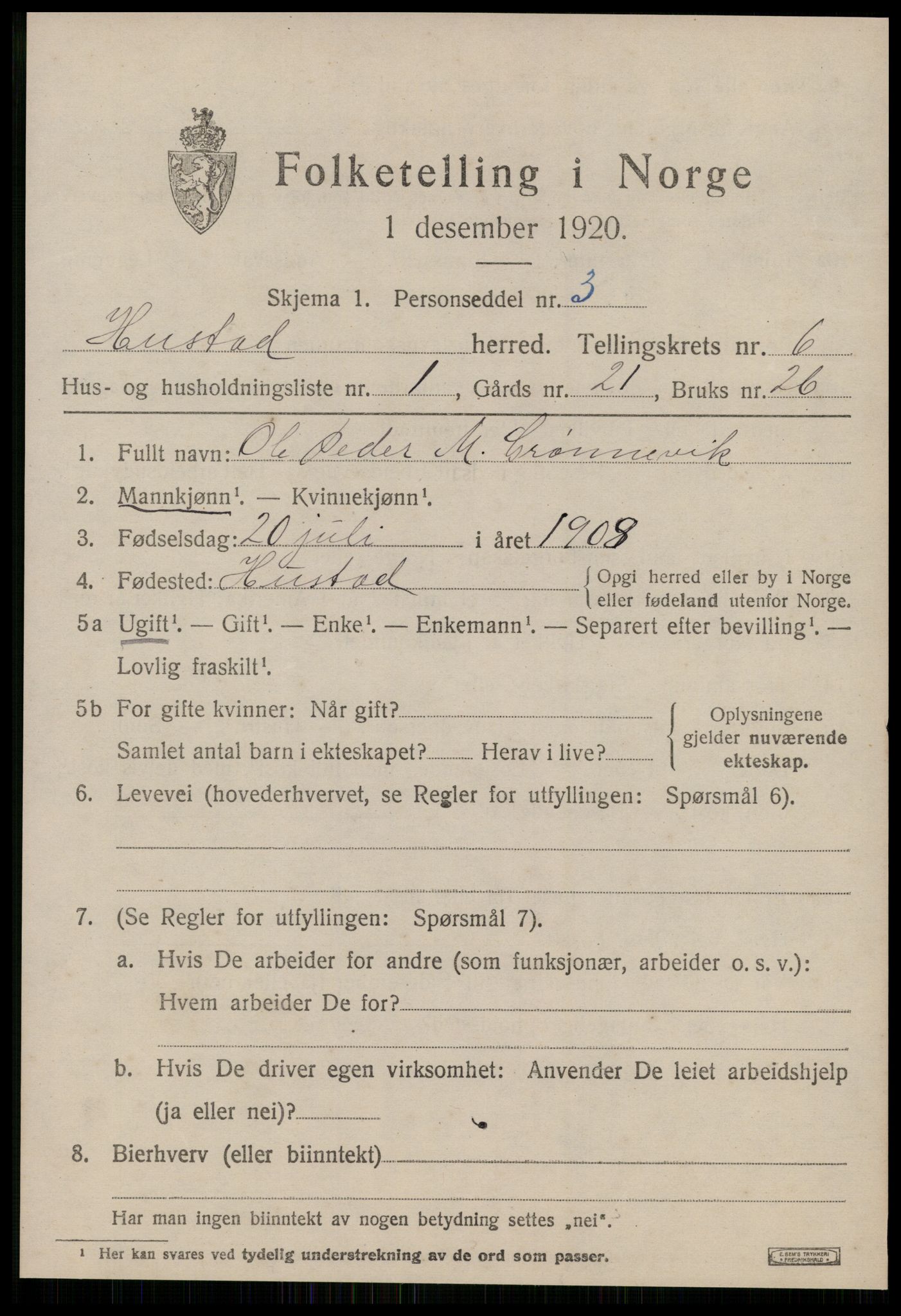 SAT, 1920 census for Hustad, 1920, p. 4171