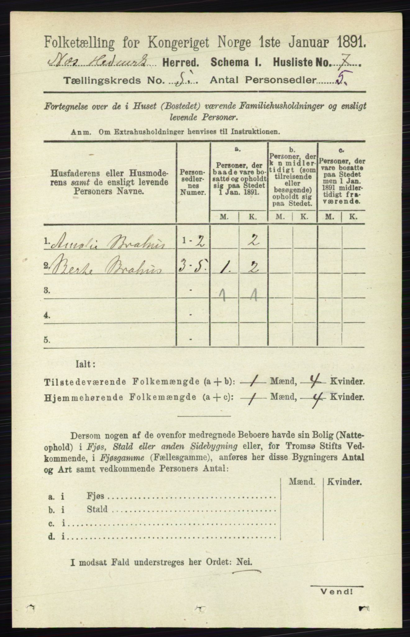 RA, 1891 census for 0411 Nes, 1891, p. 2527