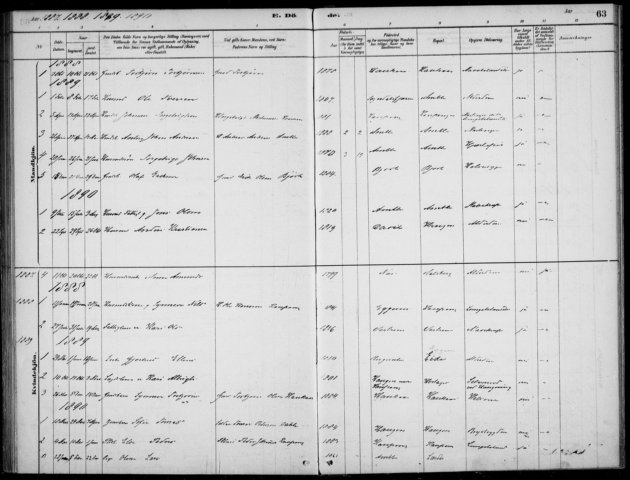 Sogndal sokneprestembete, AV/SAB-A-81301/H/Haa/Haad/L0001: Parish register (official) no. D  1, 1878-1907, p. 63