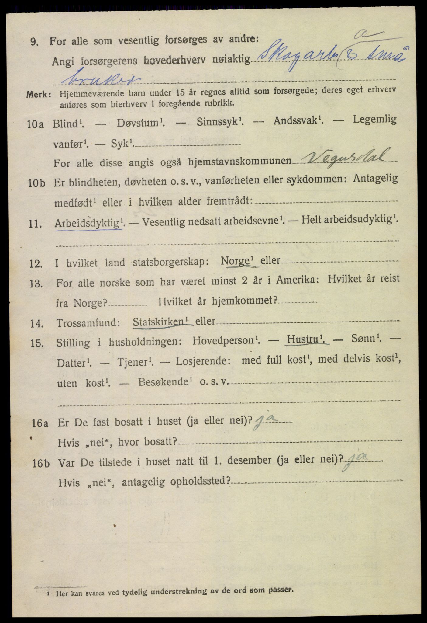 SAK, 1920 census for Vegusdal, 1920, p. 1788