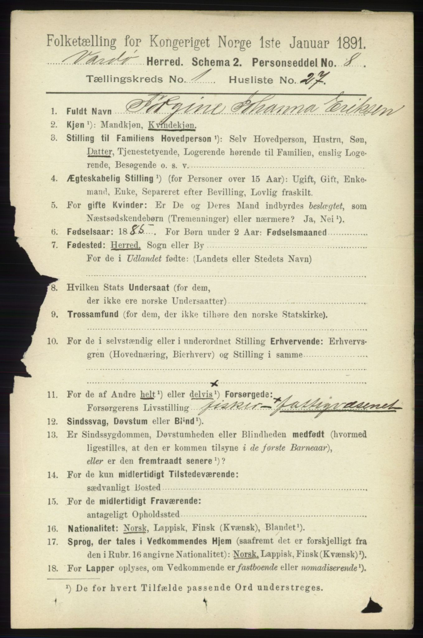 RA, 1891 census for 2028 Vardø, 1891, p. 207