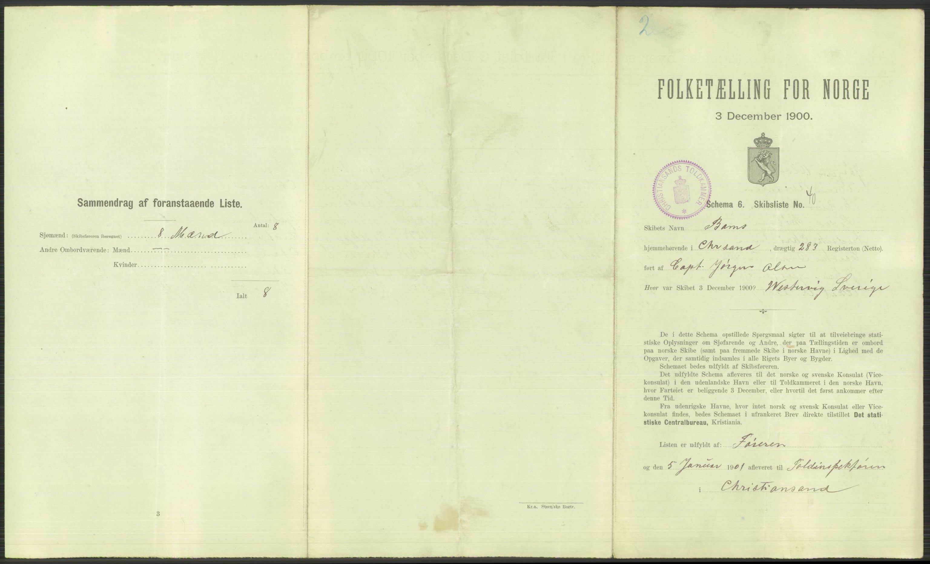 RA, 1900 Census - ship lists from ships in Norwegian harbours, harbours abroad and at sea, 1900, p. 3555