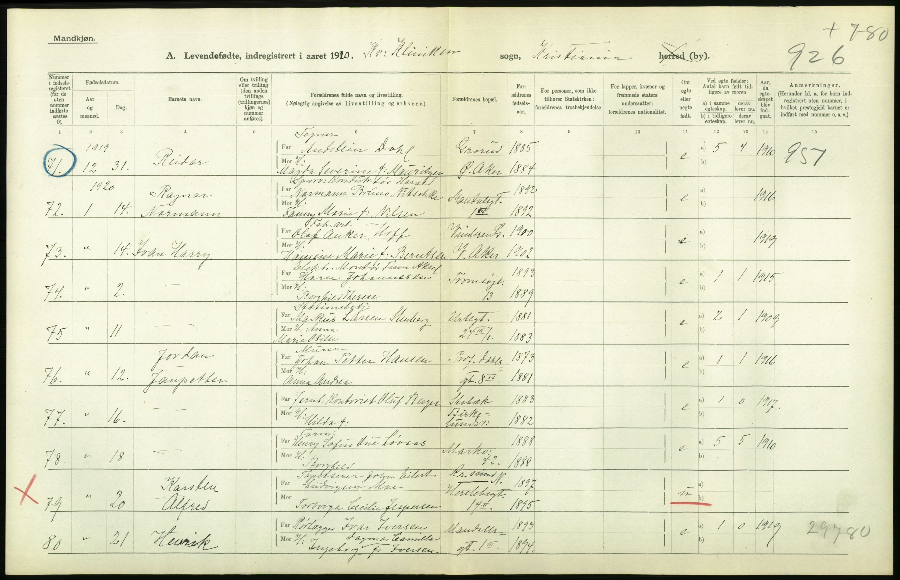 Statistisk sentralbyrå, Sosiodemografiske emner, Befolkning, AV/RA-S-2228/D/Df/Dfb/Dfbj/L0008: Kristiania: Levendefødte menn og kvinner., 1920, p. 336