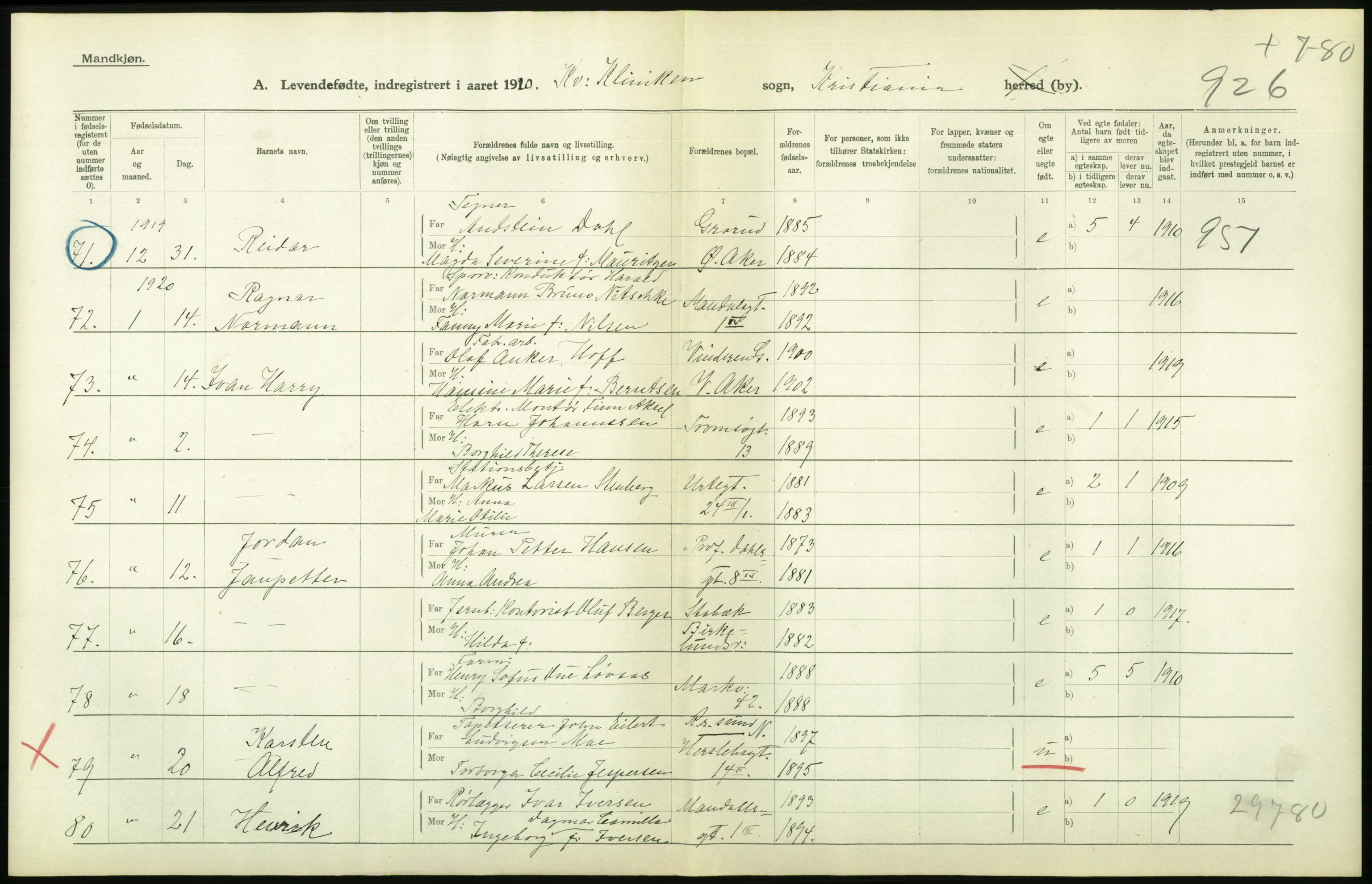 Statistisk sentralbyrå, Sosiodemografiske emner, Befolkning, RA/S-2228/D/Df/Dfb/Dfbj/L0008: Kristiania: Levendefødte menn og kvinner., 1920, p. 336